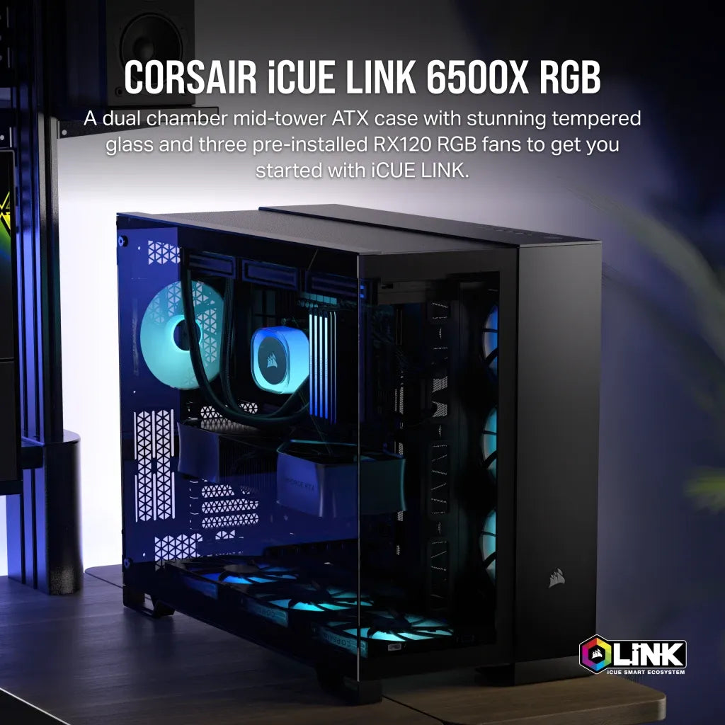 Corsair iCUE LINK 6500X RGB, Midi Tower, PC, Black, ATX, 120,140,240,280,360 mm, 2.5,3.5"