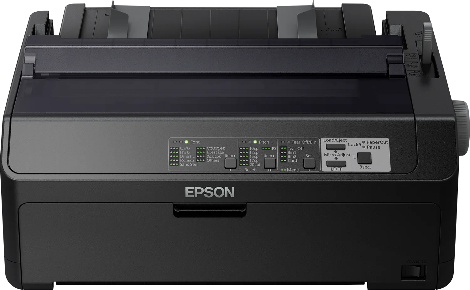 Epson LQ-590IIN, 550 cps, 10 cpi, 6 copies, Code 128 (A/B/C), Code 39, EAN13, EAN8, Interleaved 2/5, POSTNET, UPC-A, UPC-E, PC437, PC708, PC720, PC850, PC858, PC864, PCAR864, ISO 8859-15, Roman 8, Italic, Envelopes, Labels, Roll