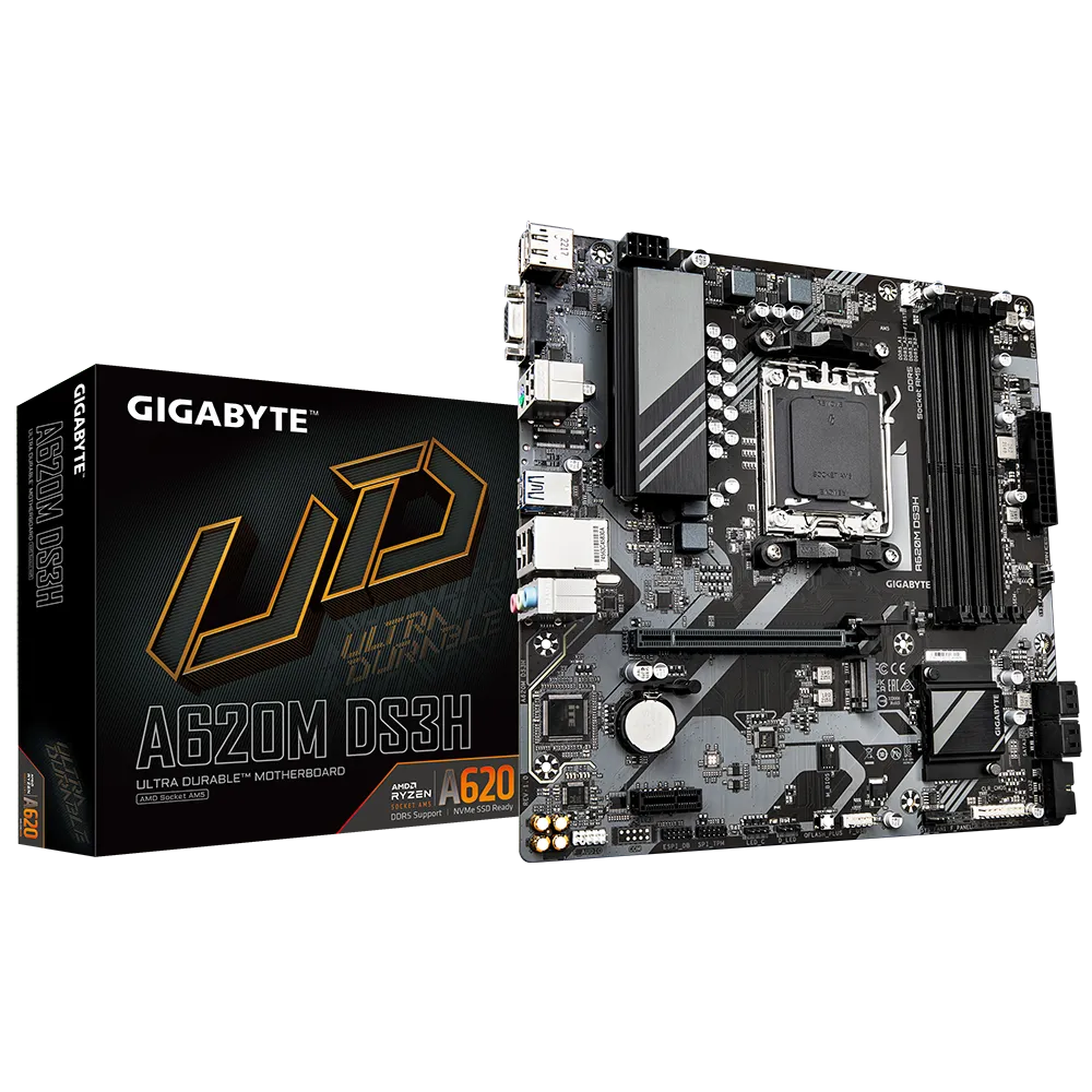 GIGABYTE A620M DS3H Motherboard - Supports AMD Ryzen 8000 CPUs, 5+2+2 Phases Digital VRM, up to 7600MHz DDR5 (OC), 1xPCIe 4.0 M.2, GbE LAN, USB 3.2 Gen 1, AMD, Socket AM5, AMD Ryzen™ 5, AMD Ryzen 7 7th Gen, AMD Ryzen 9 7th Gen, Socket AM5, 192 GB, DDR5-SDRAM
