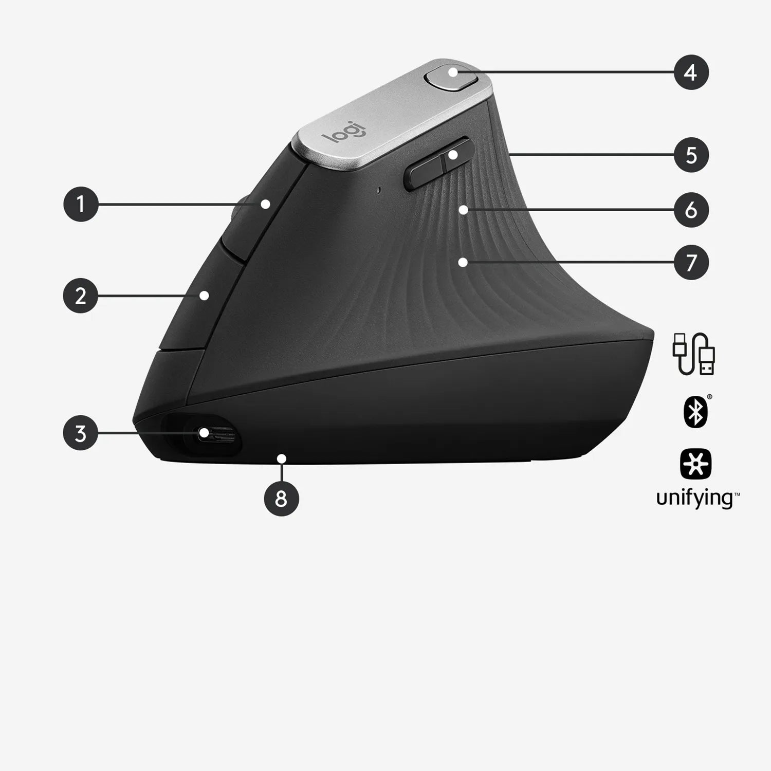 Logitech MX Vertical Advanced Ergonomic mouse, Right-hand, Optical, RF Wireless + Bluetooth, 4000 DPI, Graphite
