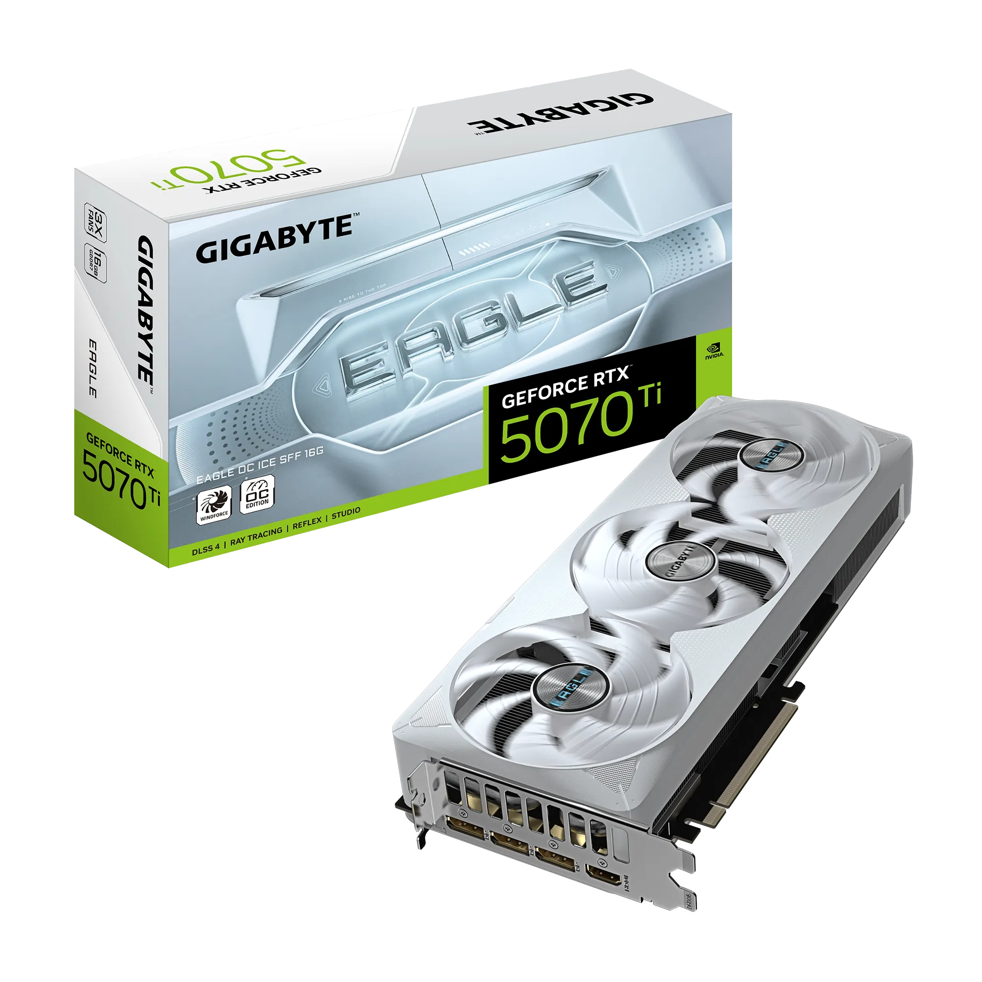 GIGABYTE GeForce RTX 5070 Ti EAGLE OC ICE SFF 16G Graphics Card - 16GB GDDR7, 256bit, PCI-E 5.0, 2542 MHz Core Clock, 3 x DP 2.1a, 1 x HDMI 2.1b, NVIDIA DLSS 4, GV-N507TEAGLEOC ICE-16GD, GeForce RTX 5070 Ti, 16 GB, GDDR7, 256 bit, 7680 x 4320 pixels, PCI Express x16 5.0