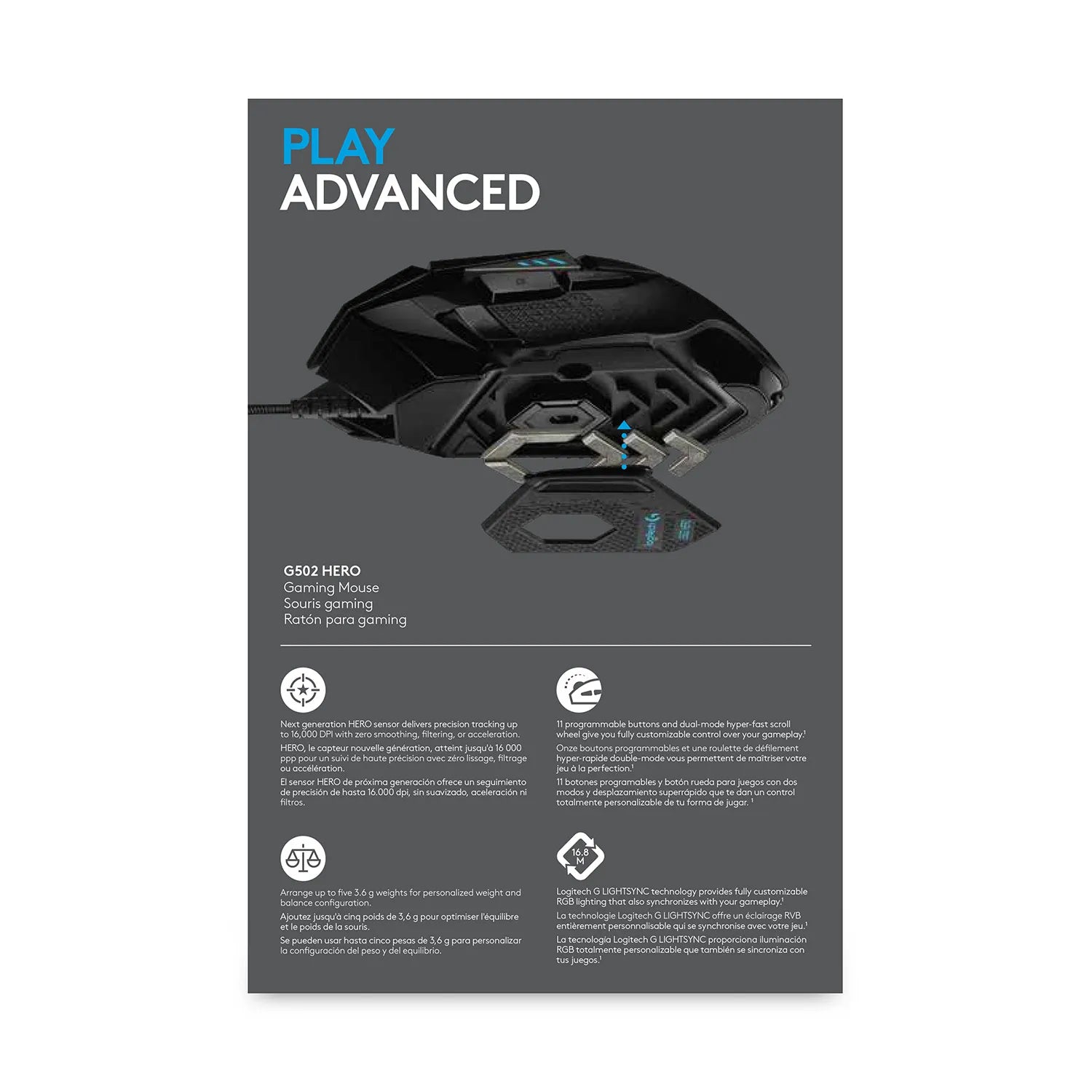 Logitech G G502 HERO High Performance Gaming Mouse, Right-hand, Optical, USB Type-A, 25600 DPI, 1 ms, Black