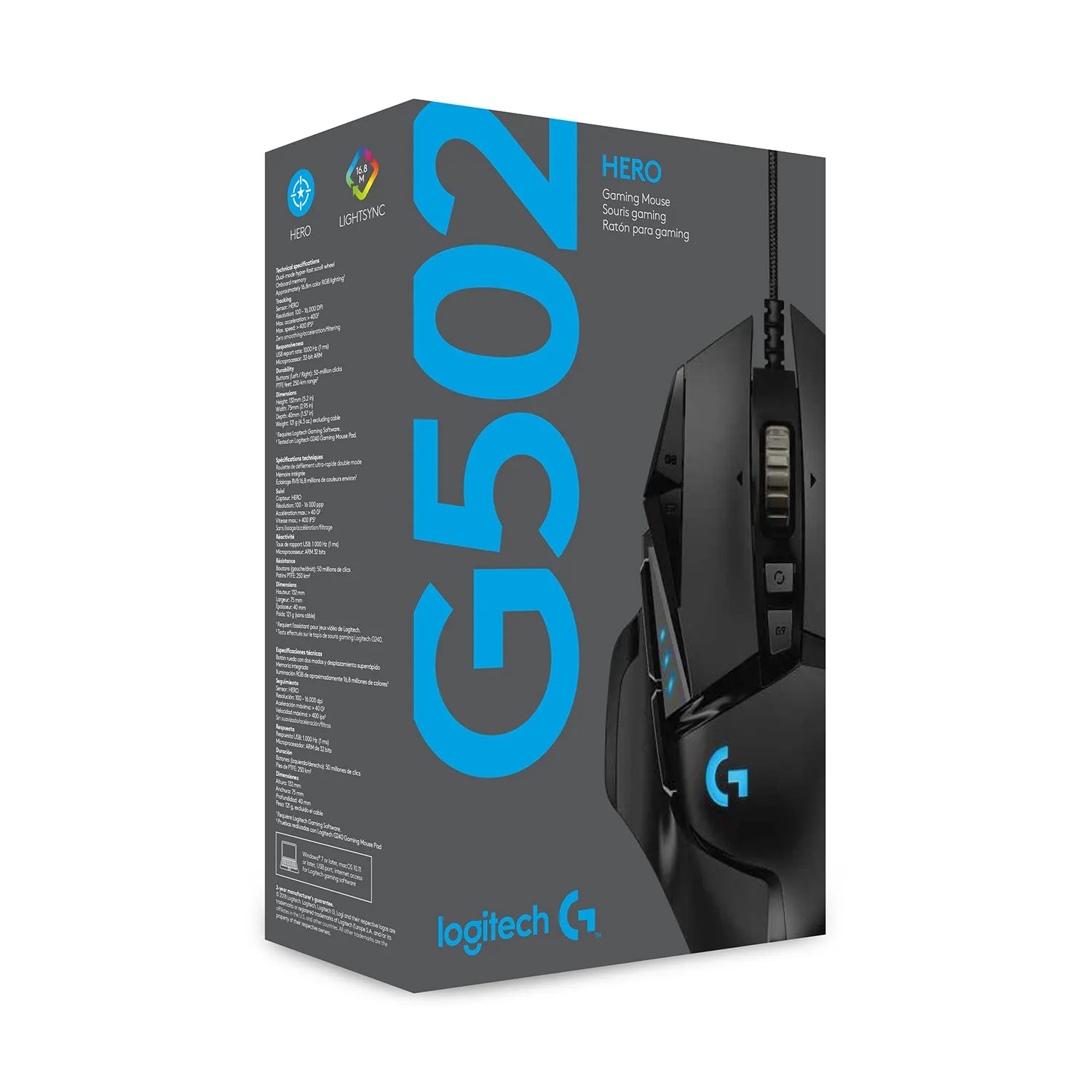Logitech G G502 HERO High Performance Gaming Mouse, Right-hand, Optical, USB Type-A, 16000 DPI, 1 ms, Black