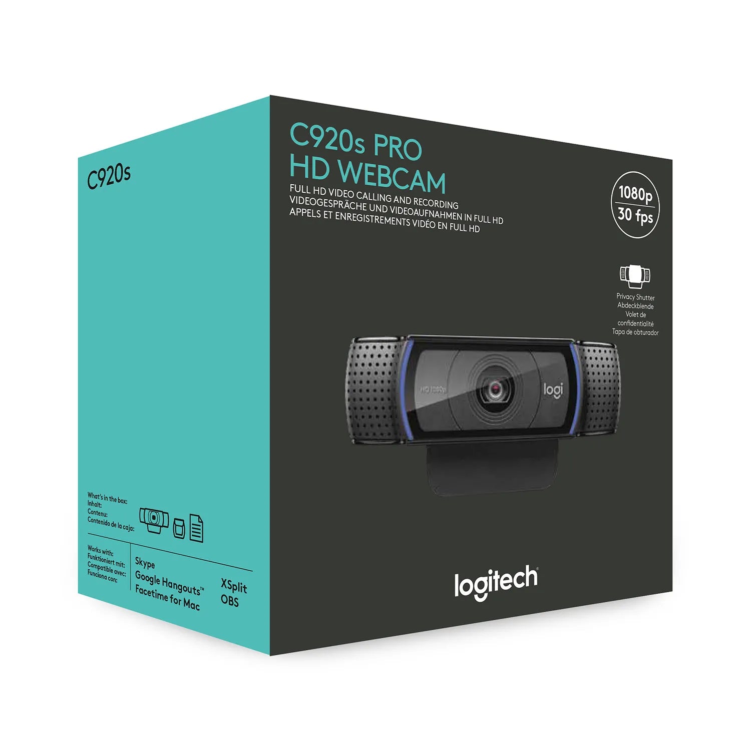 Logitech C920s Pro HD Webcam, 1920 x 1080 pixels, Full HD, 30 fps, 720p, 1080p, Privacy cover, 78°