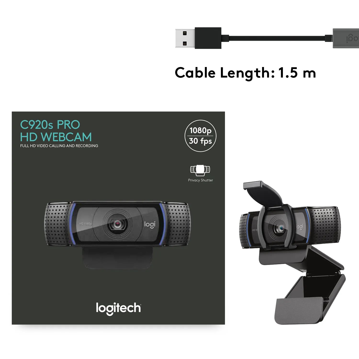 Logitech C920s Pro HD Webcam, 1920 x 1080 pixels, Full HD, 30 fps, 720p, 1080p, Privacy cover, 78°