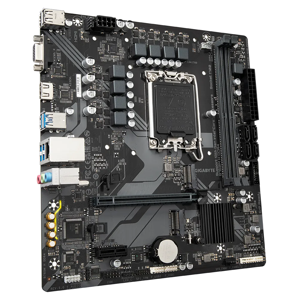 GIGABYTE B760M H DDR4 Motherboard - Supports Intel Core 14th Gen CPUs, 6+1+1 Phases Digital VRM, up to 3200MHz DDR4 (OC), 2xPCIe 4.0 M.2, GbE LAN, USB 3.2 Gen1, Intel, LGA 1700, Intel® Celeron®, Intel® Pentium® Gold, LGA 1700, 64 GB, DDR4-SDRAM