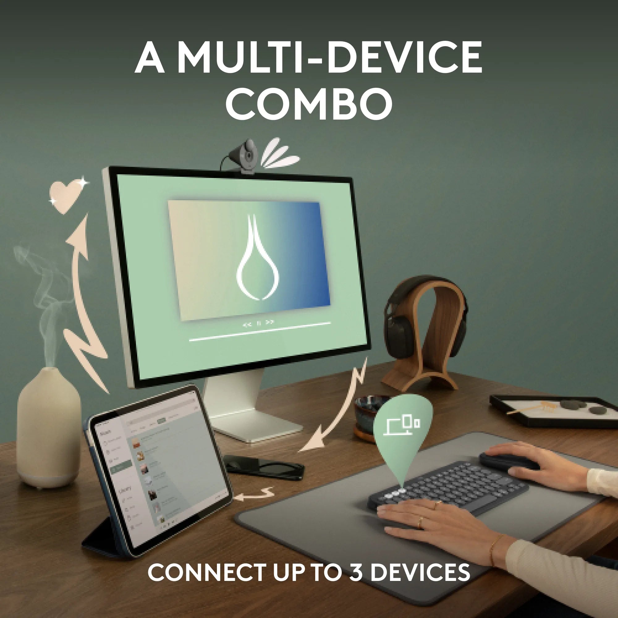 Logitech 920-012239, Wireless, RF Wireless + Bluetooth, Scissor key switch, QWERTY, Graphite, Mouse included