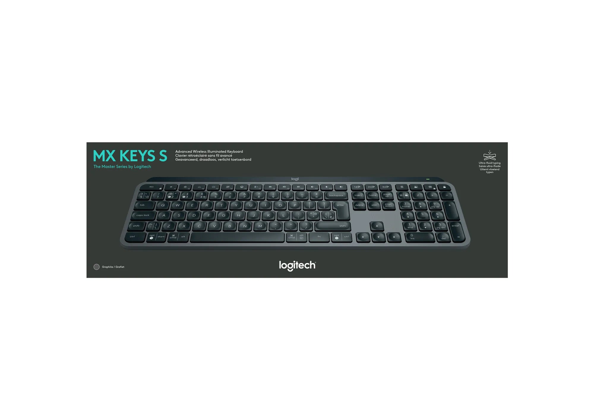 Logitech MX Keys S, Full-size (100%), RF Wireless + Bluetooth, Scissor key switch, QWERTY, LED, Graphite