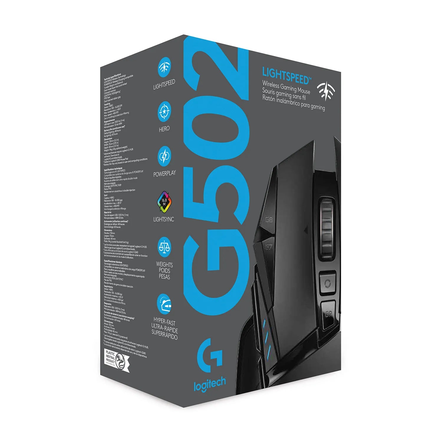 Logitech G G502 LIGHTSPEED Wireless Gaming Mouse, Right-hand, Optical, RF Wireless, 25600 DPI, 1 ms, Black