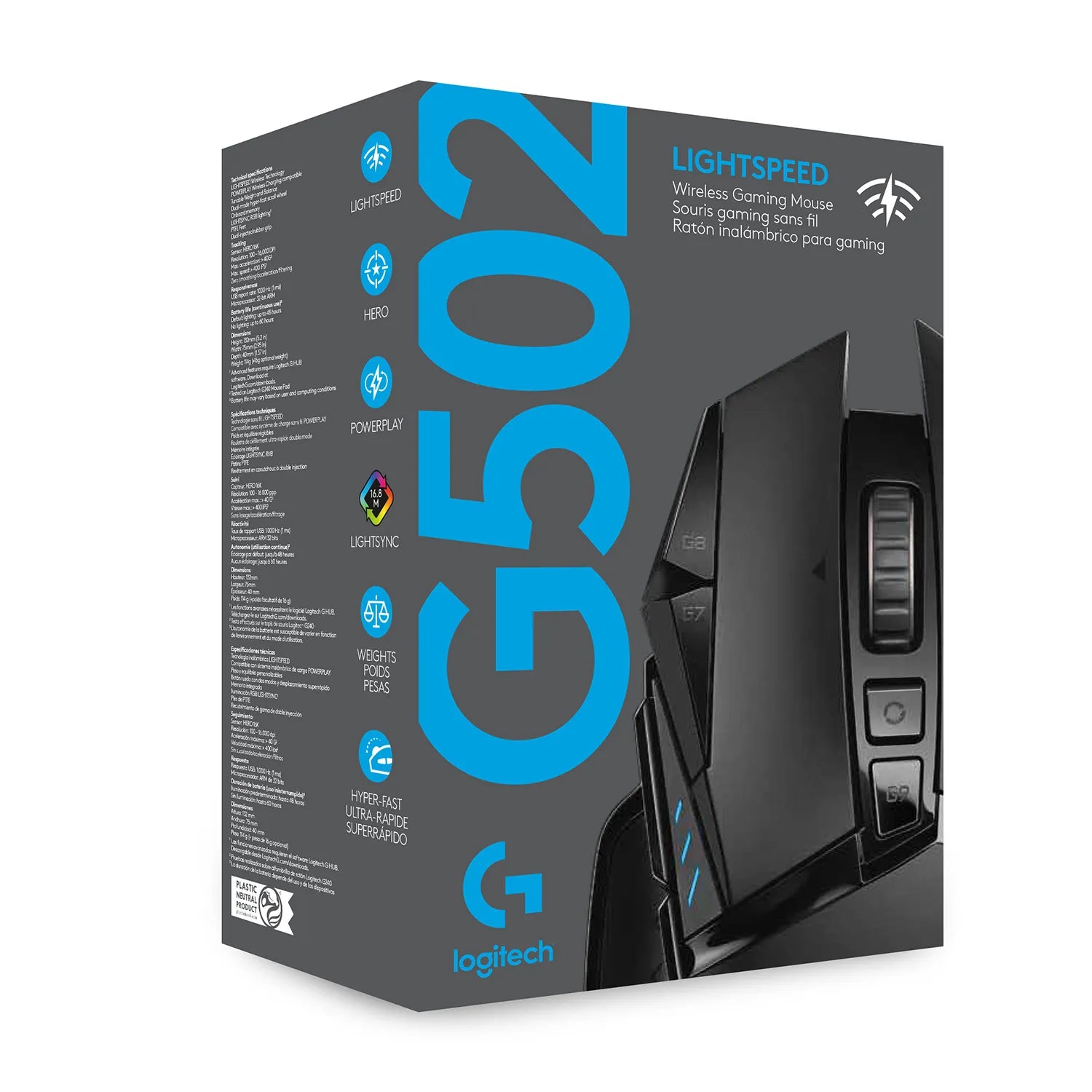 Logitech G G502 LIGHTSPEED Wireless Gaming Mouse, Right-hand, Optical, RF Wireless, 25600 DPI, 1 ms, Black