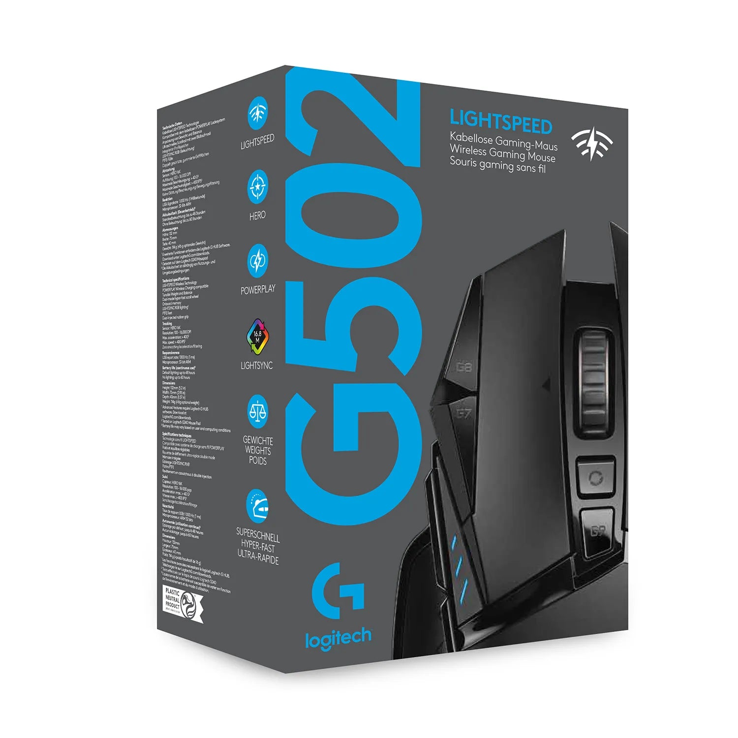 Logitech G G502 LIGHTSPEED Wireless Gaming Mouse, Right-hand, Optical, RF Wireless, 25600 DPI, 1 ms, Black