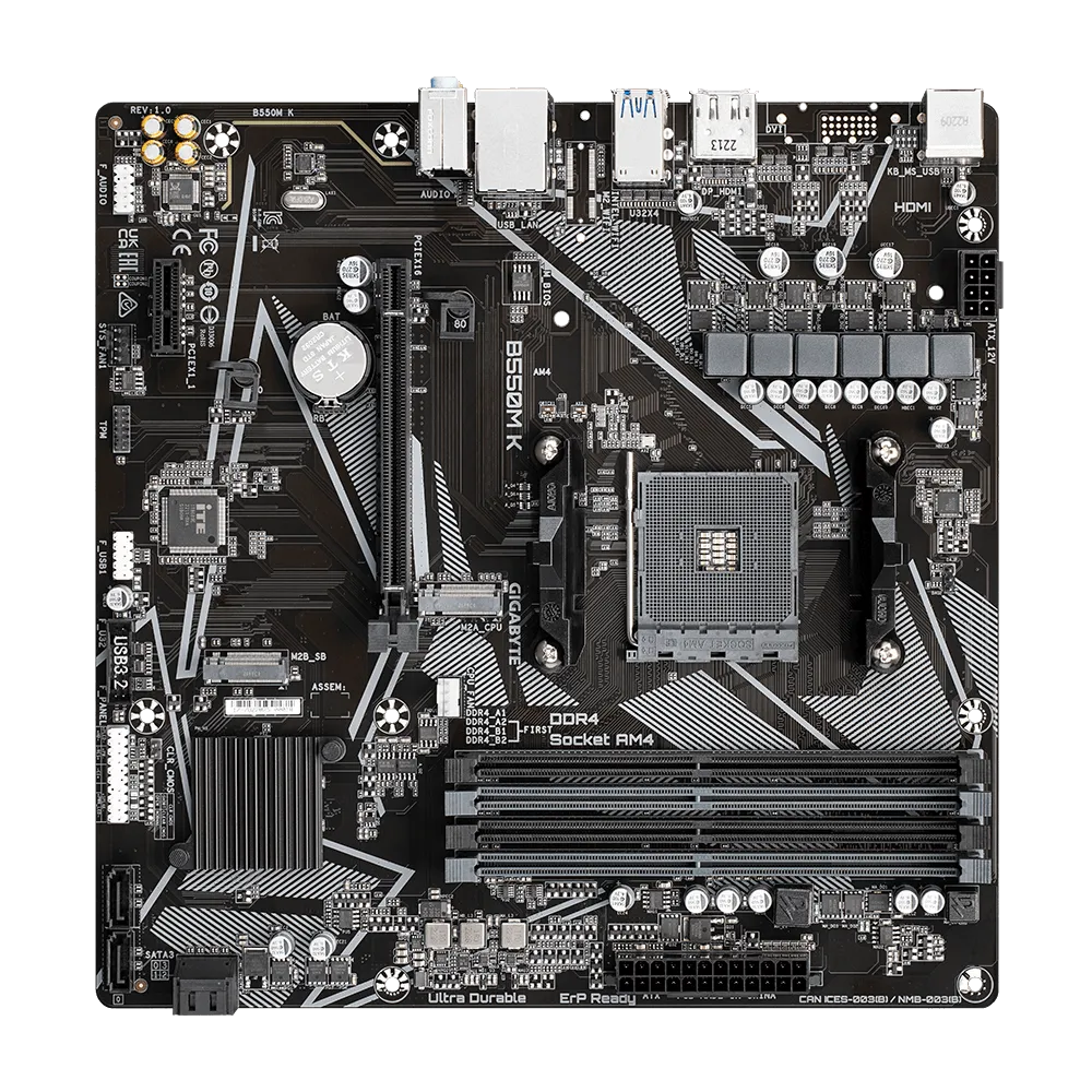 GIGABYTE B550M K Motherboard - AMD Ryzen 5000 CPUs, up to 4733MHz DDR4, 1xPCIe 4.0 + 1xPCIe 3.0 M.2, 1GbE LAN, USB 3.2 Gen 1, AMD, Socket AM4, AMD Ryzen 3000 Series, AMD Ryzen 4000 Series, AMD Ryzen 5000 Series, Socket AM4, DDR4-SDRAM, 128 GB