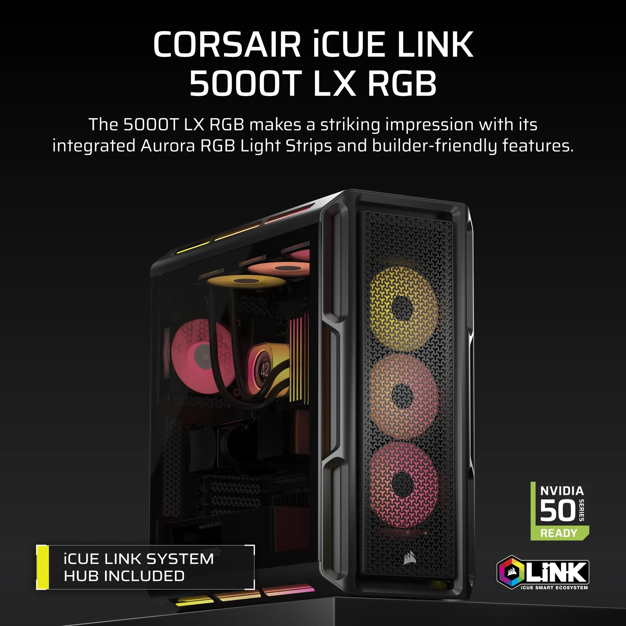 Corsair iCUE LINK 5000T LX RGB, Midi Tower, PC, Black, ATX, EATX, micro ATX, Mini-ITX, Plastic, Steel, Tempered glass, Gaming