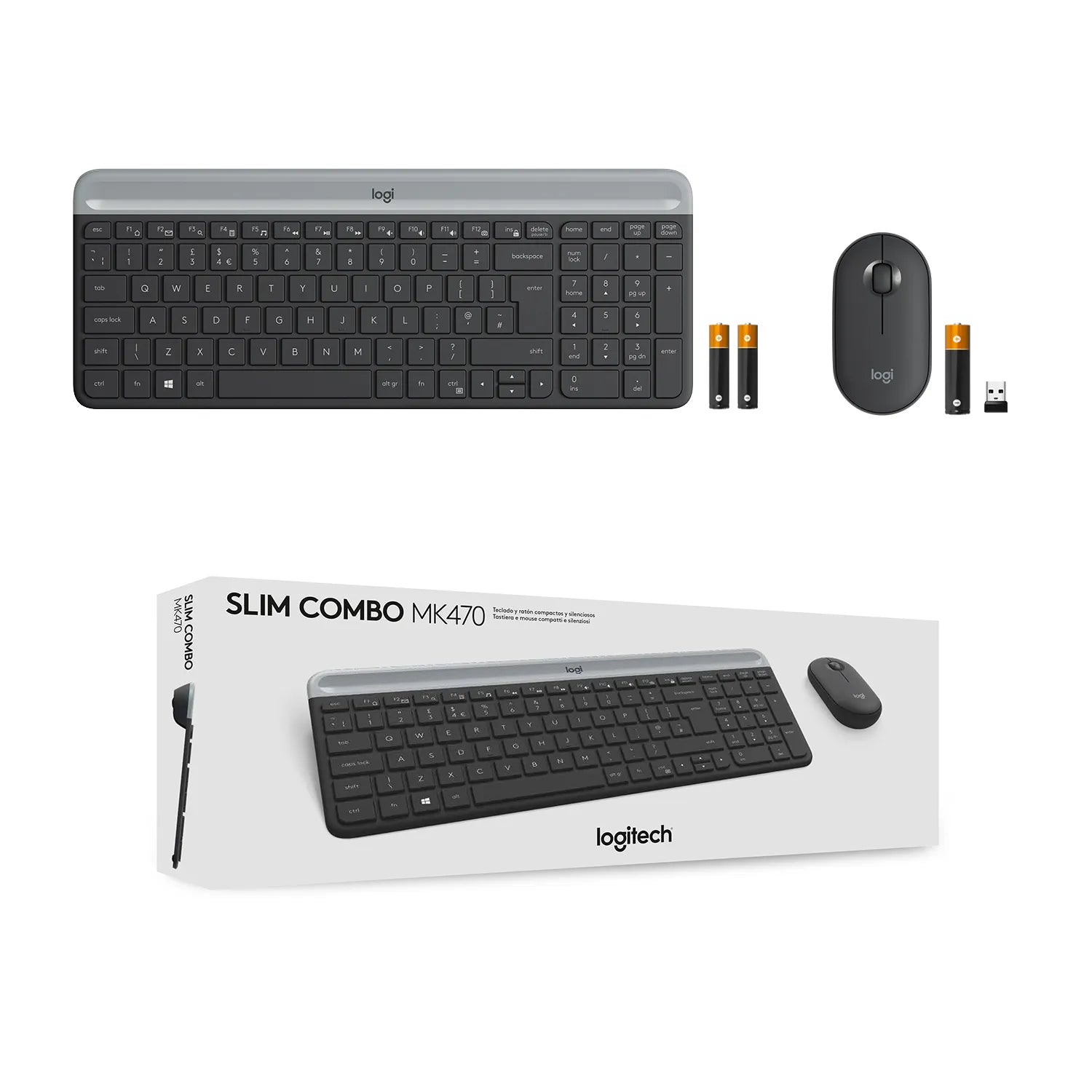 Logitech MK470 Slim Combo, Full-size (100%), Wireless, RF Wireless, QWERTY, Graphite, Mouse included