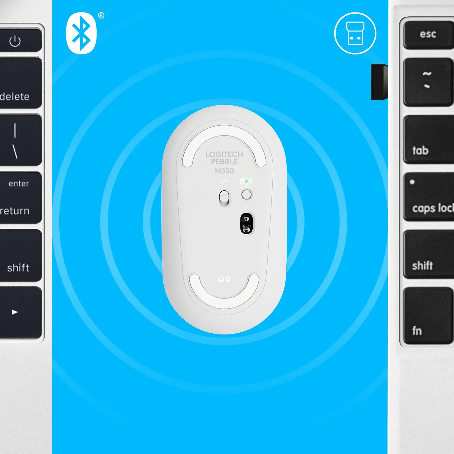 Logitech Pebble M350, Ambidextrous, Optical, RF Wireless + Bluetooth, 1000 DPI, White
