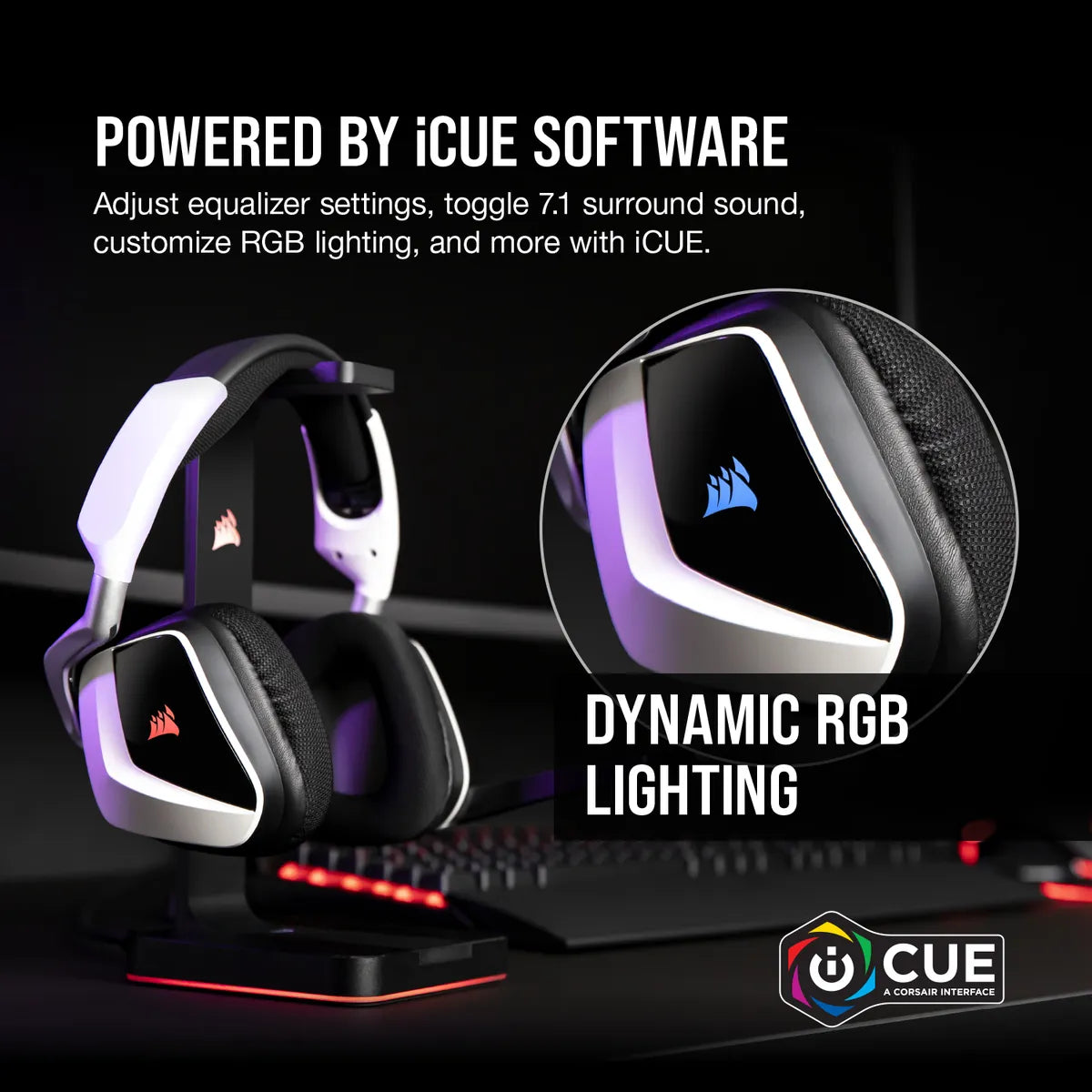 Corsair VOID RGB ELITE Wireless, Headset, Head-band, Gaming, Black,White, Binaural, 7.1 Surround Sound