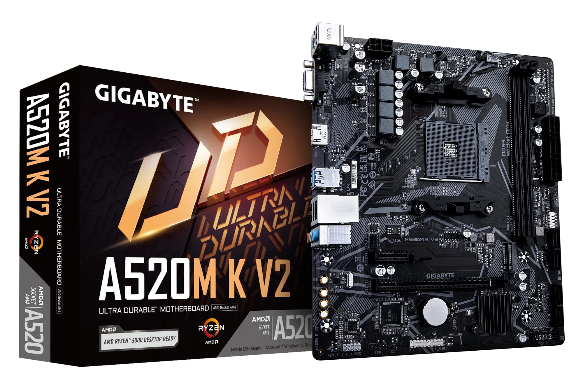 Gigabyte A520M K V2 Motherboard - Supports AMD Ryzen 5000 Series AM4 CPUs, up to 5100MHz DDR4 (OC), PCIe Gen3 x4 M.2, GbE LAN, USB 3.2 Gen 1, AMD, Socket AM4, AMD Ryzen™ 3, AMD Ryzen™ 5, AMD Ryzen™ 7, 3rd Generation AMD Ryzen™ 9, AMD Ryzen 9 5th Gen, Socket AM4, DDR4-SDRAM, 64 GB