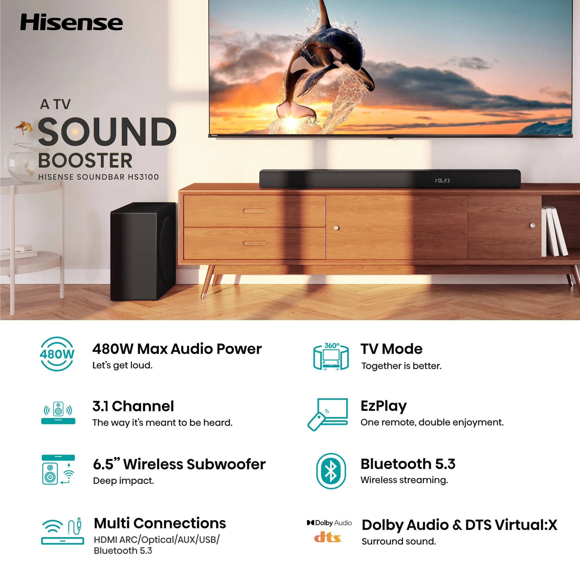 Hisense HS3100, 3.1 channels, 480 W, DTS Virtual:X, Dolby Digital, Game, Movie, Music, Night, Sport, TV, 180 W, Active subwoofer