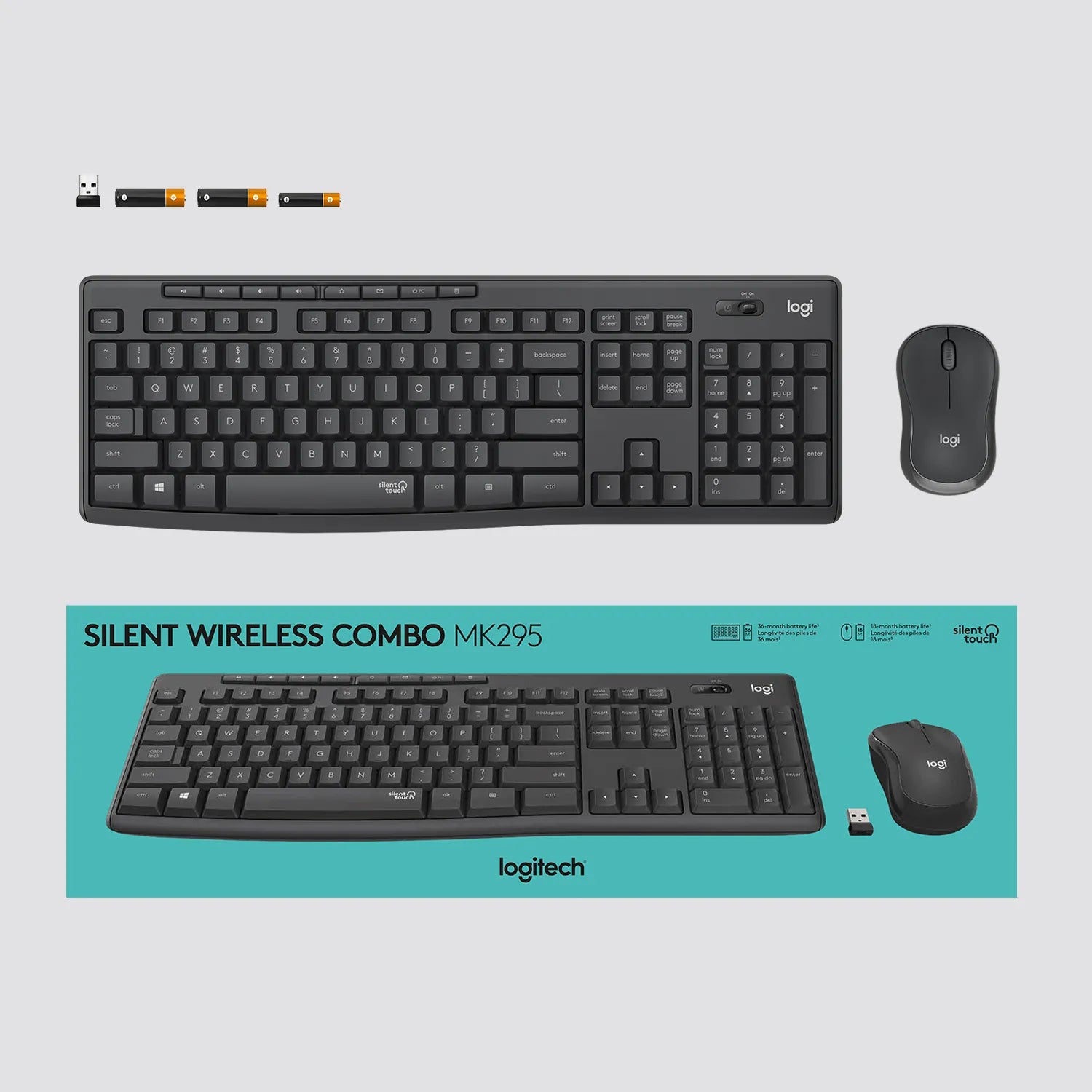 Logitech MK295 Silent Wireless Combo, Full-size (100%), USB, QWERTY, Graphite, Mouse included