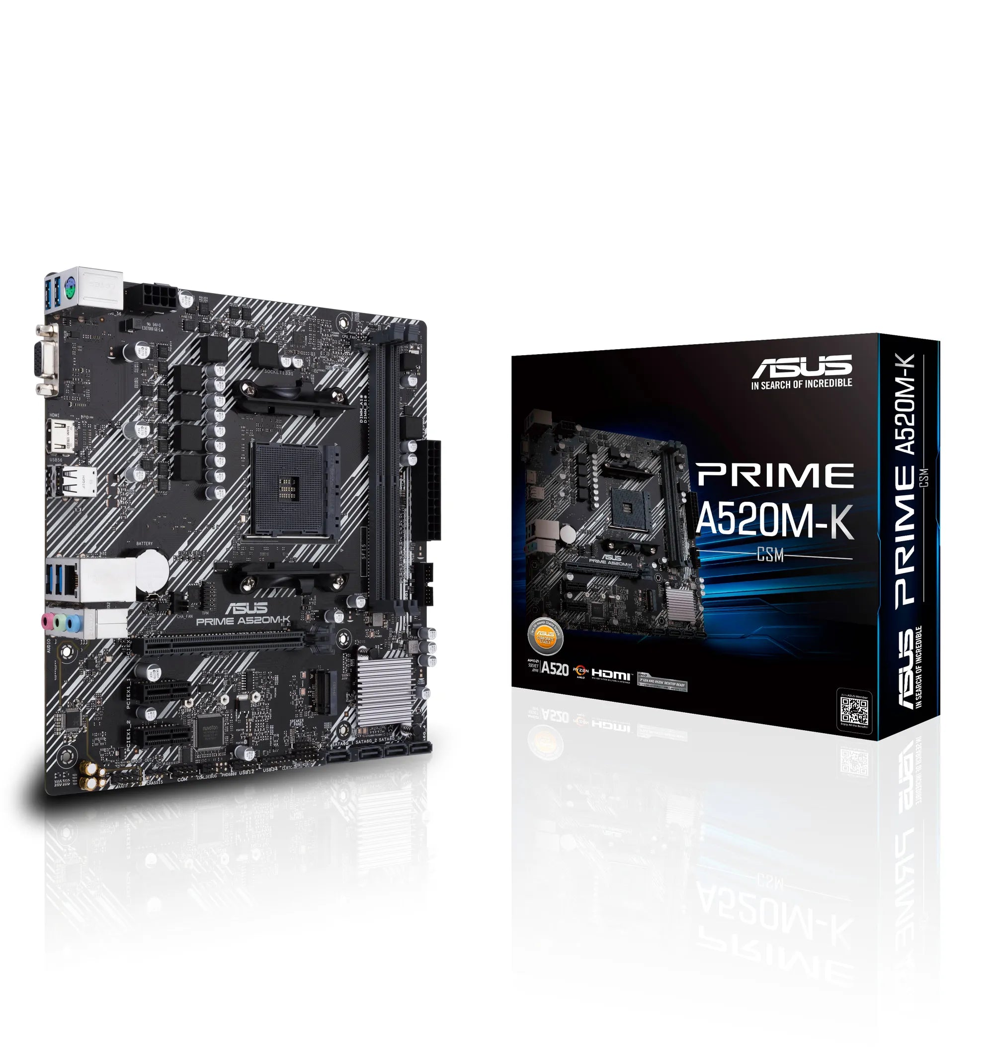 ASUS PRIME A520M-K, AMD, AMD Ryzen 3 3rd Gen, 3rd Generation AMD Ryzen 5, 3rd Generation AMD Ryzen 7, 3rd Generation AMD..., DDR4-SDRAM, DIMM, 2133,2400,2666,2800,3000,3200,3333,3466,3600,3733,3866,4000,4400,4600 MHz, 64 GB