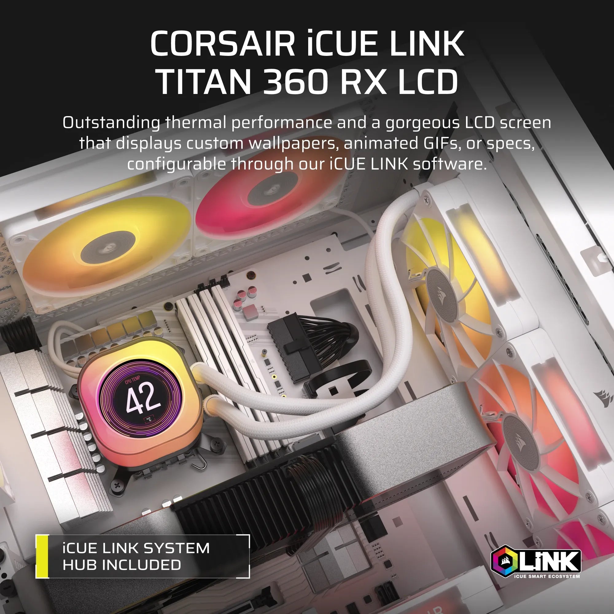 Corsair iCUE LINK TITAN 360 RX LCD, Air cooler, 12 cm, 300 RPM, 2100 RPM, 36 dB, 73.5 cfm