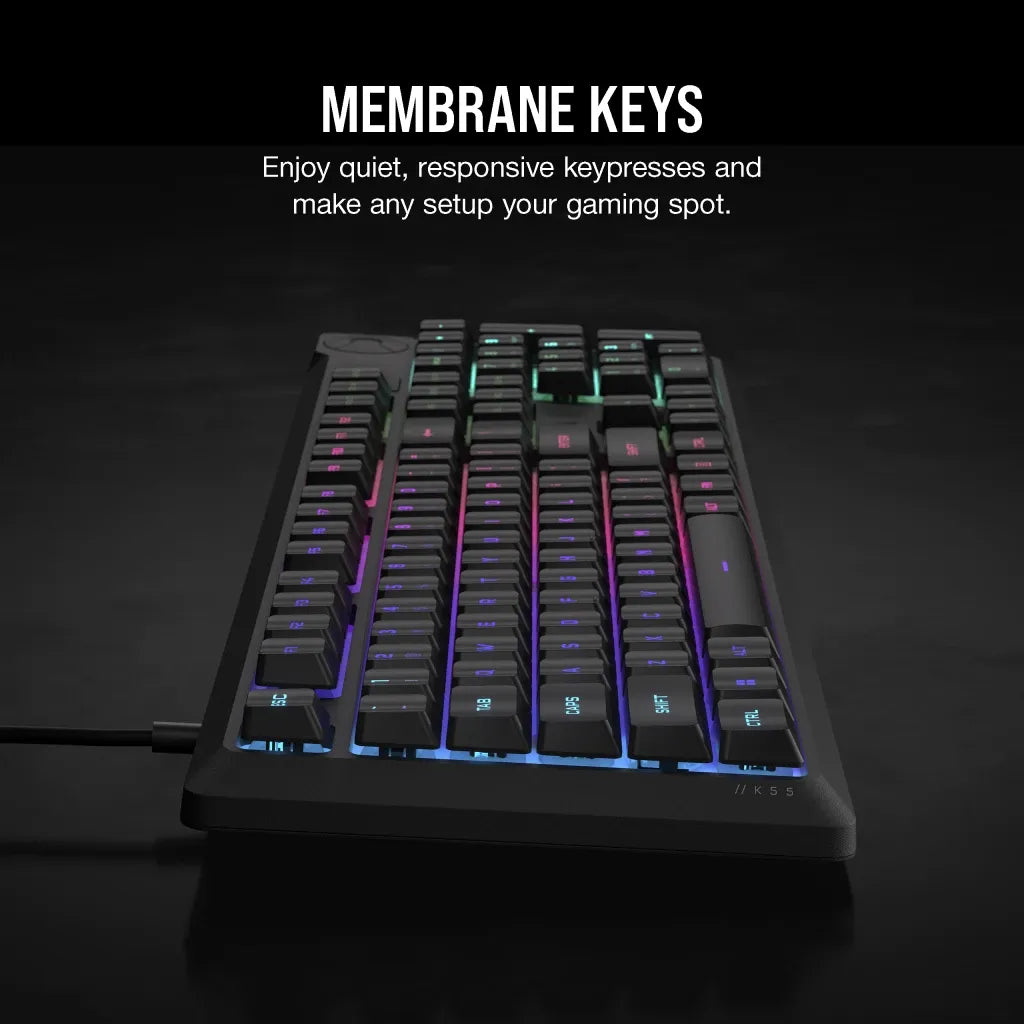 Corsair K55 CORE RGB, Wired, USB, Mechanical, QWERTY, RGB LED, Black