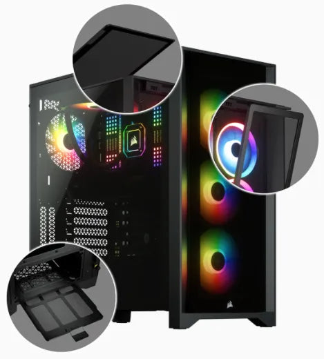 Corsair iCUE 4000X RGB, Midi Tower, PC, Black, ATX, EATX, micro ATX, Mini-ITX, Plastic, Steel, Tempered glass, Gaming