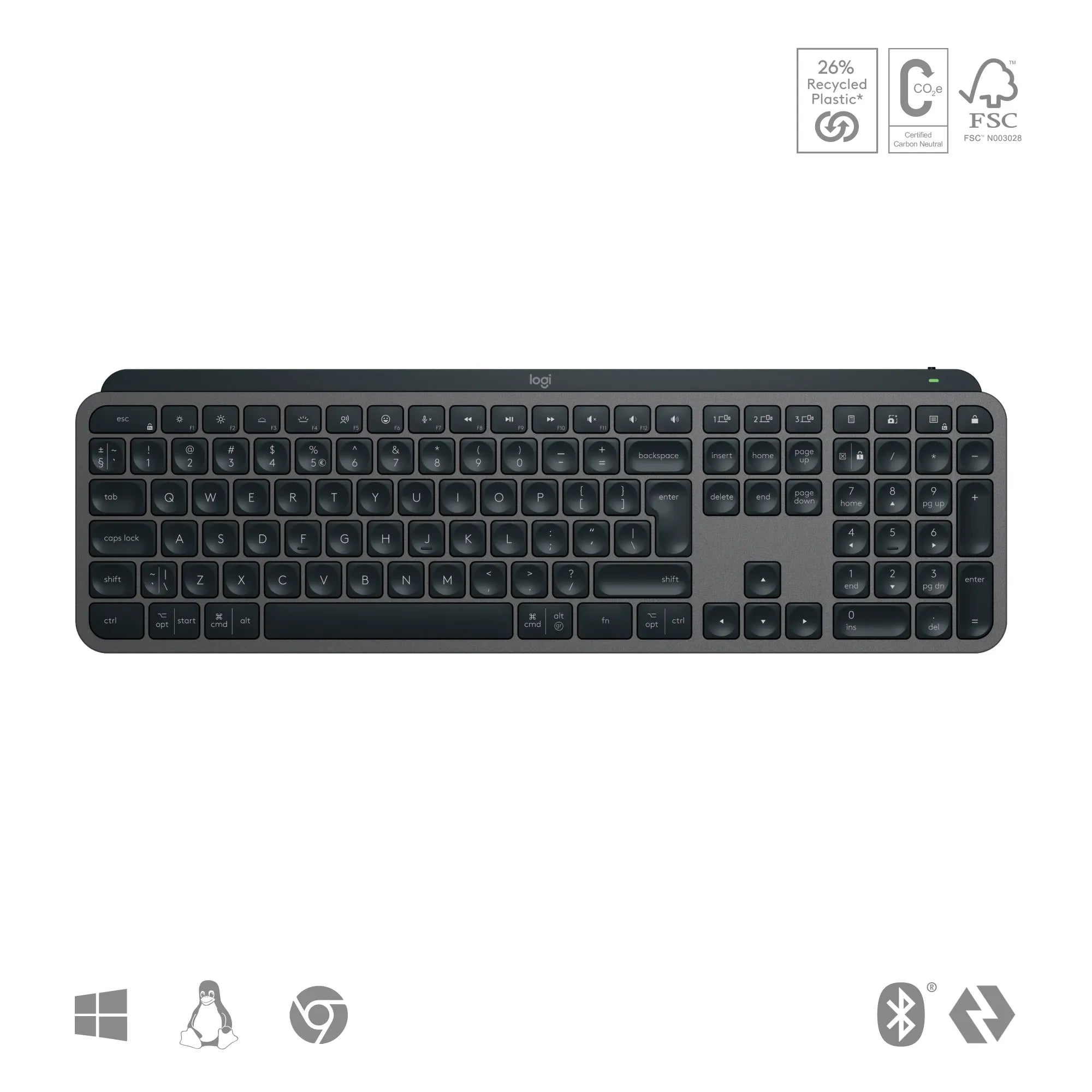 Logitech MX Keys S, Full-size (100%), RF Wireless + Bluetooth, Scissor key switch, QWERTY, LED, Graphite