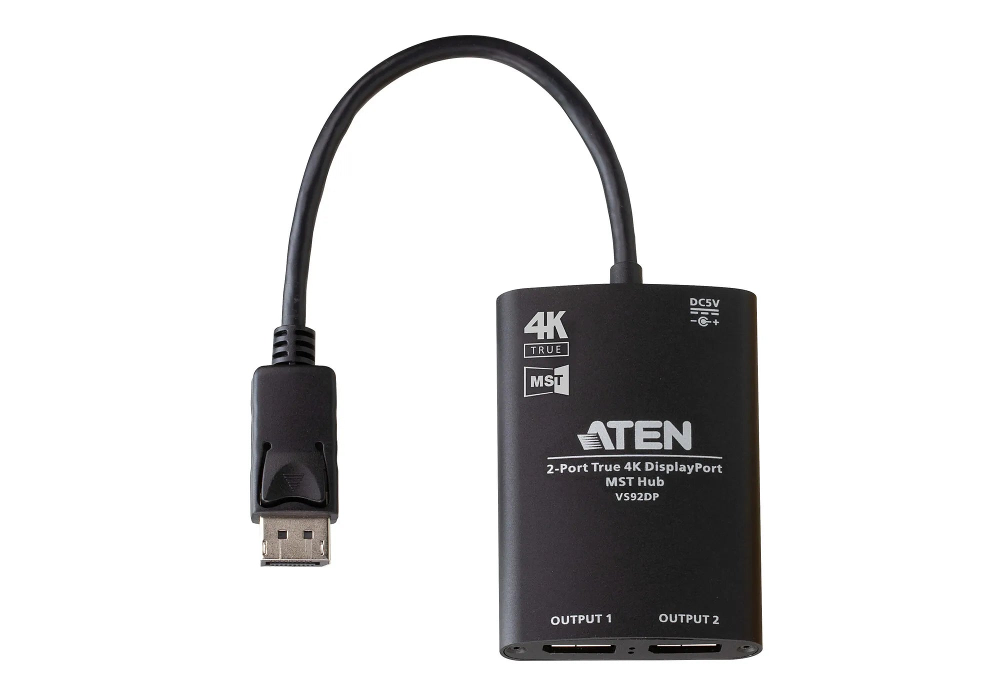 ATEN 2-Port True 4K DisplayPort MST Hub, DisplayPort, 2x DisplayPort, 3840 x 2160 pixels, Black, Aluminium, 4K Ultra HD