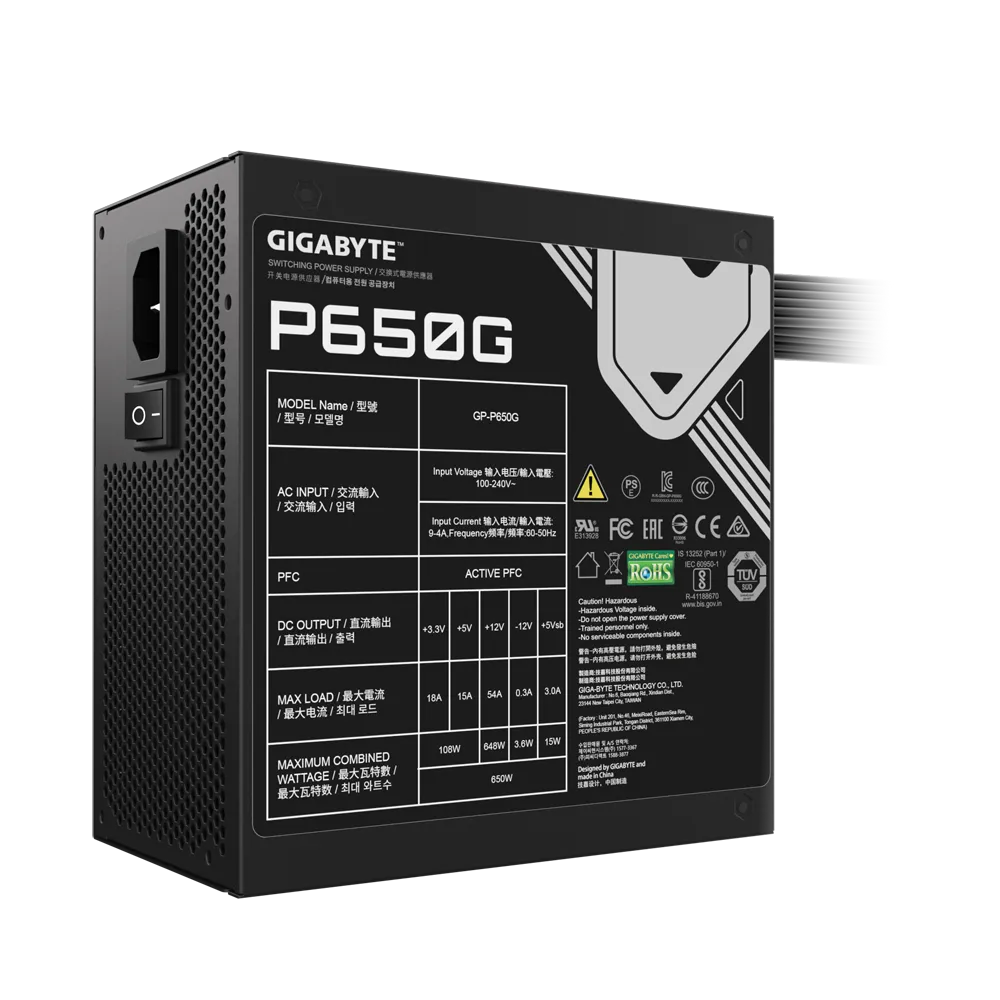 GIGABYTE GP-P650G, 650 W, 100 - 240 V, 12 - 6 A, 12 A, 6 A, Active