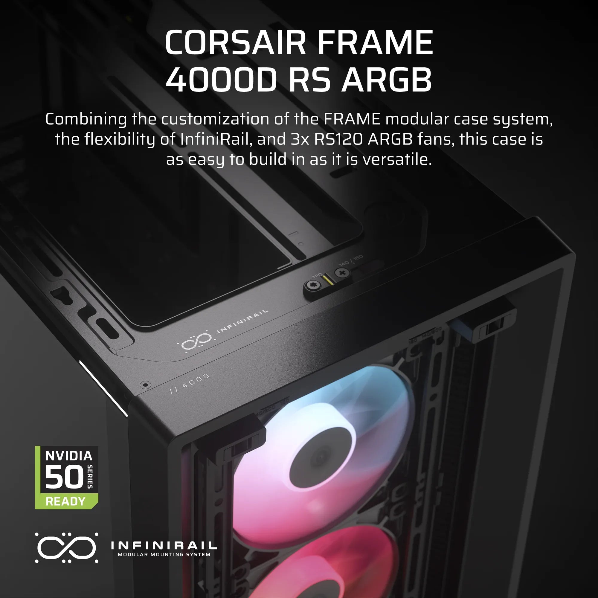 Corsair FRAME 4000D RS ARGB, Midi Tower, PC, Black, ATX, EATX, micro ATX, Mini-ITX, Plastic, Steel, Tempered glass, Gaming