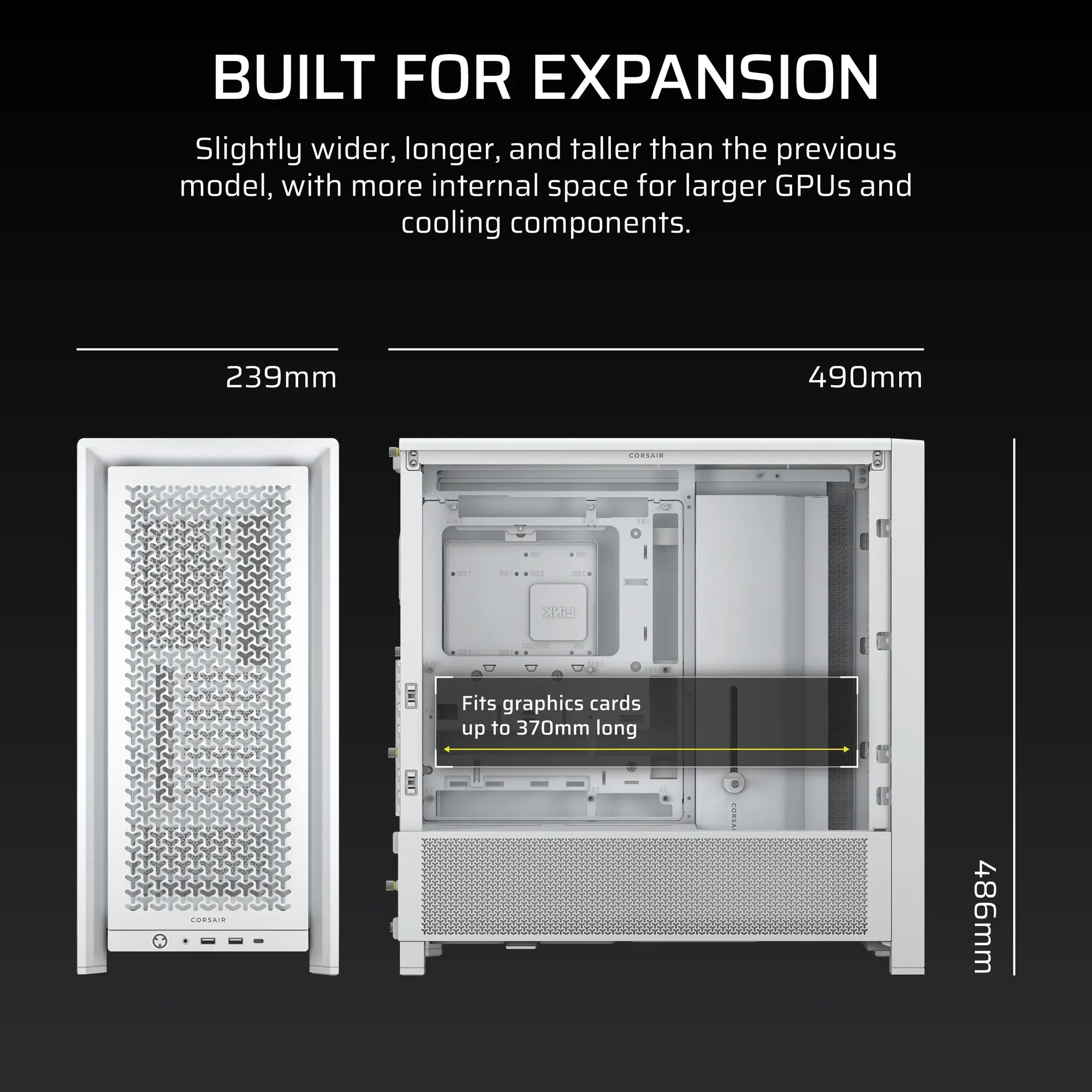 Corsair FRAME 4000D, Midi Tower, PC, White, ATX, EATX, micro ATX, Mini-ITX, Plastic, Steel, Tempered glass, Gaming