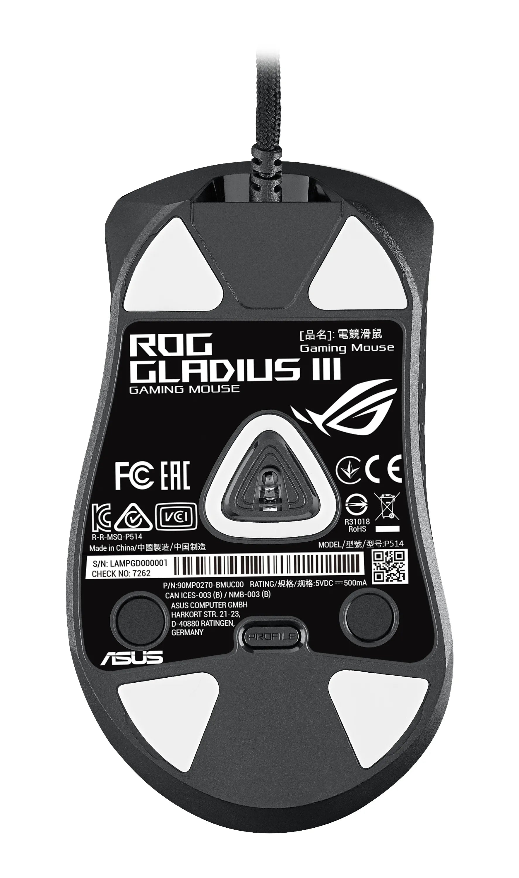 ASUS ROG Gladius III Wireless, Right-hand, Optical, RF Wireless+Bluetooth+USB Type-A, 19000 DPI, Black