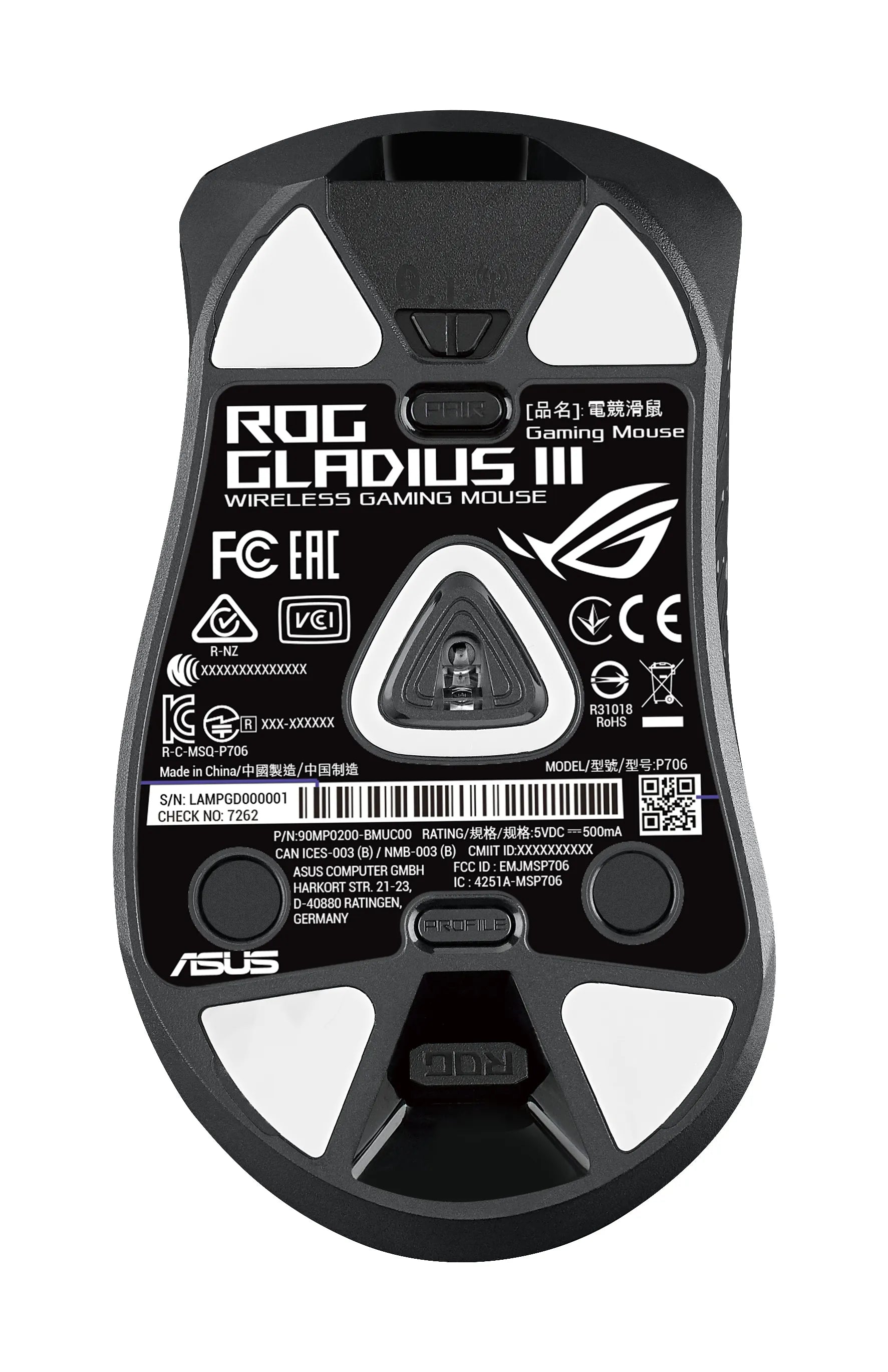 ASUS ROG Gladius III Wireless, Right-hand, Optical, RF Wireless+Bluetooth+USB Type-A, 19000 DPI, Black