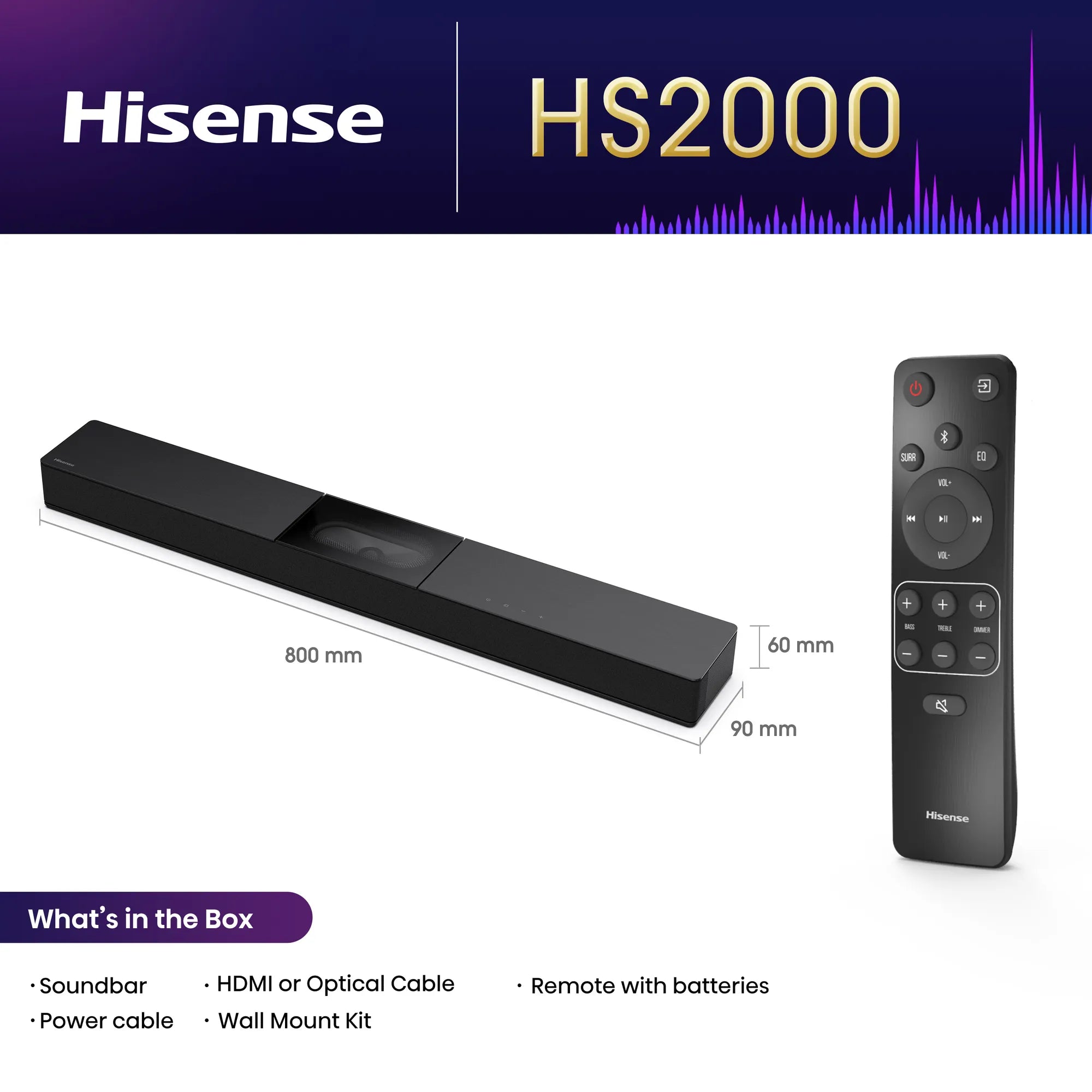 Hisense HS2000, 2.1 channels, 240 W, DTS Virtual:X, Dolby Digital, Dolby Digital Plus, 20 kHz, 240 W, 50 - 60 Hz