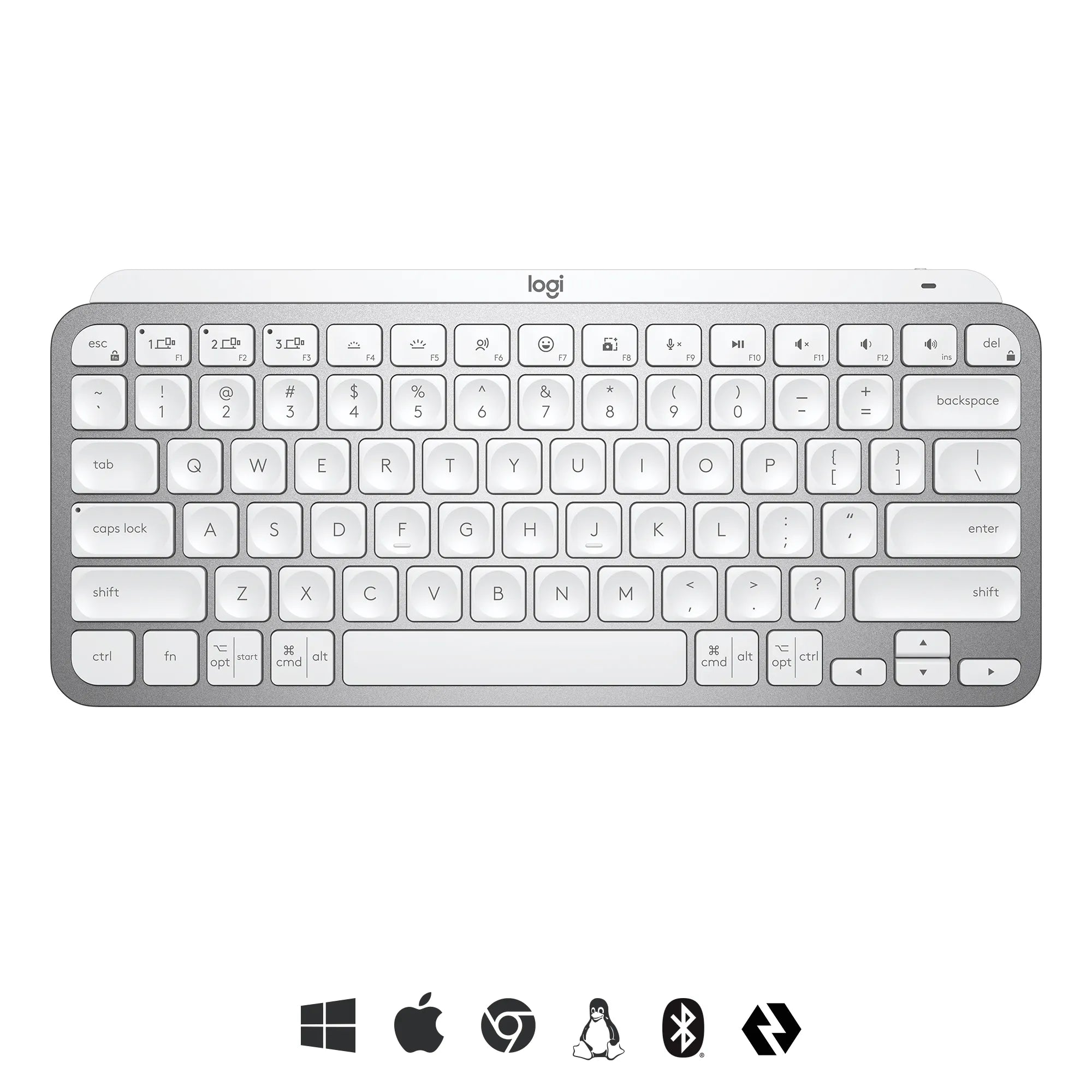 Logitech MX Keys Mini Minimalist Wireless Illuminated Keyboard, Mini, RF Wireless + Bluetooth, QWERTY, LED, Grey