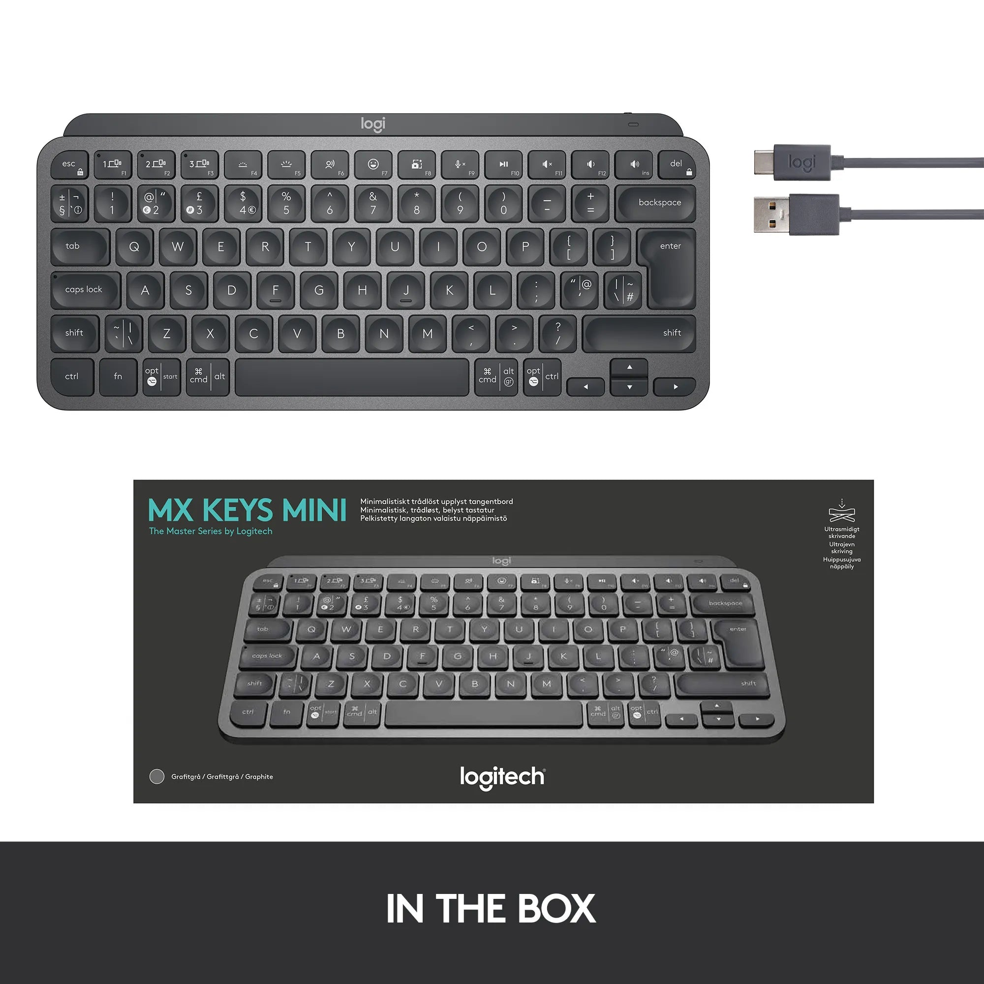 Logitech MX Keys Mini Minimalist Wireless Illuminated Keyboard, Mini, Wireless, RF Wireless + Bluetooth, QWERTY, LED, Graphite