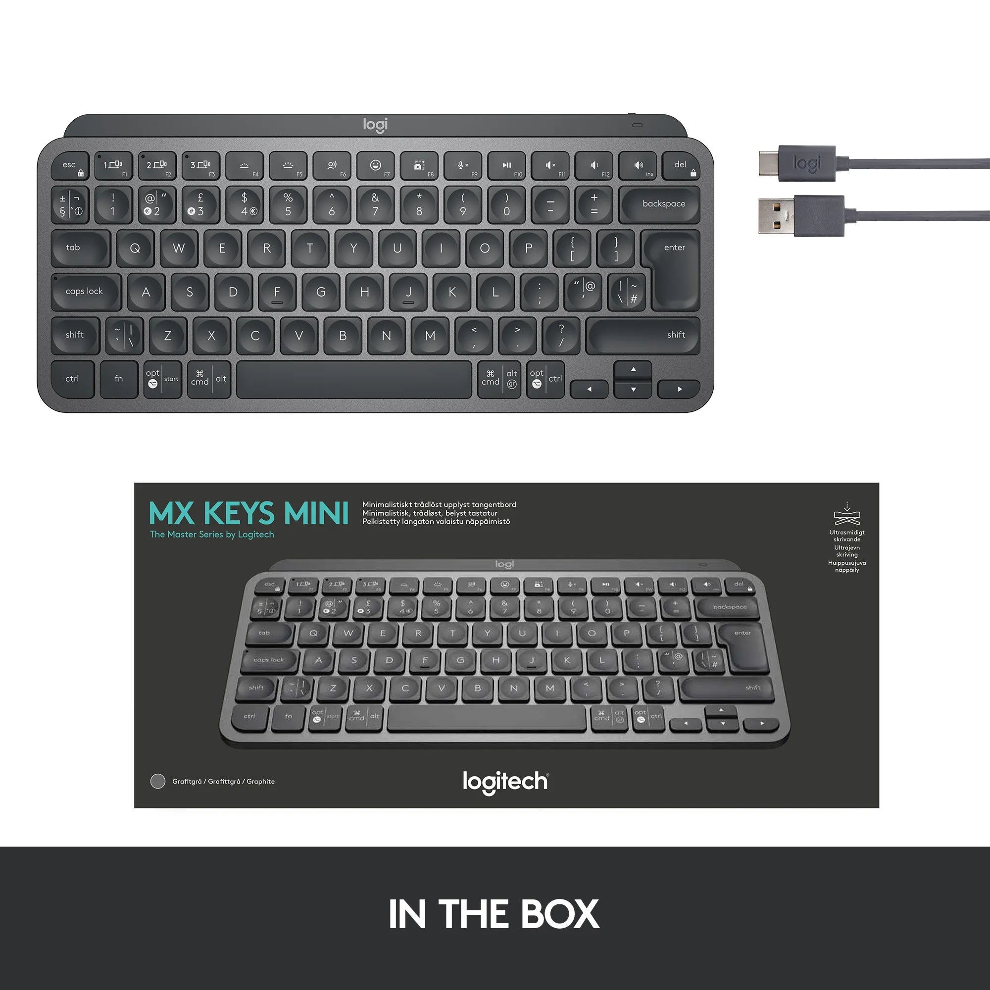 Logitech MX Keys Mini Minimalist Wireless Illuminated Keyboard, Mini, RF Wireless + Bluetooth, QWERTY, LED, Graphite