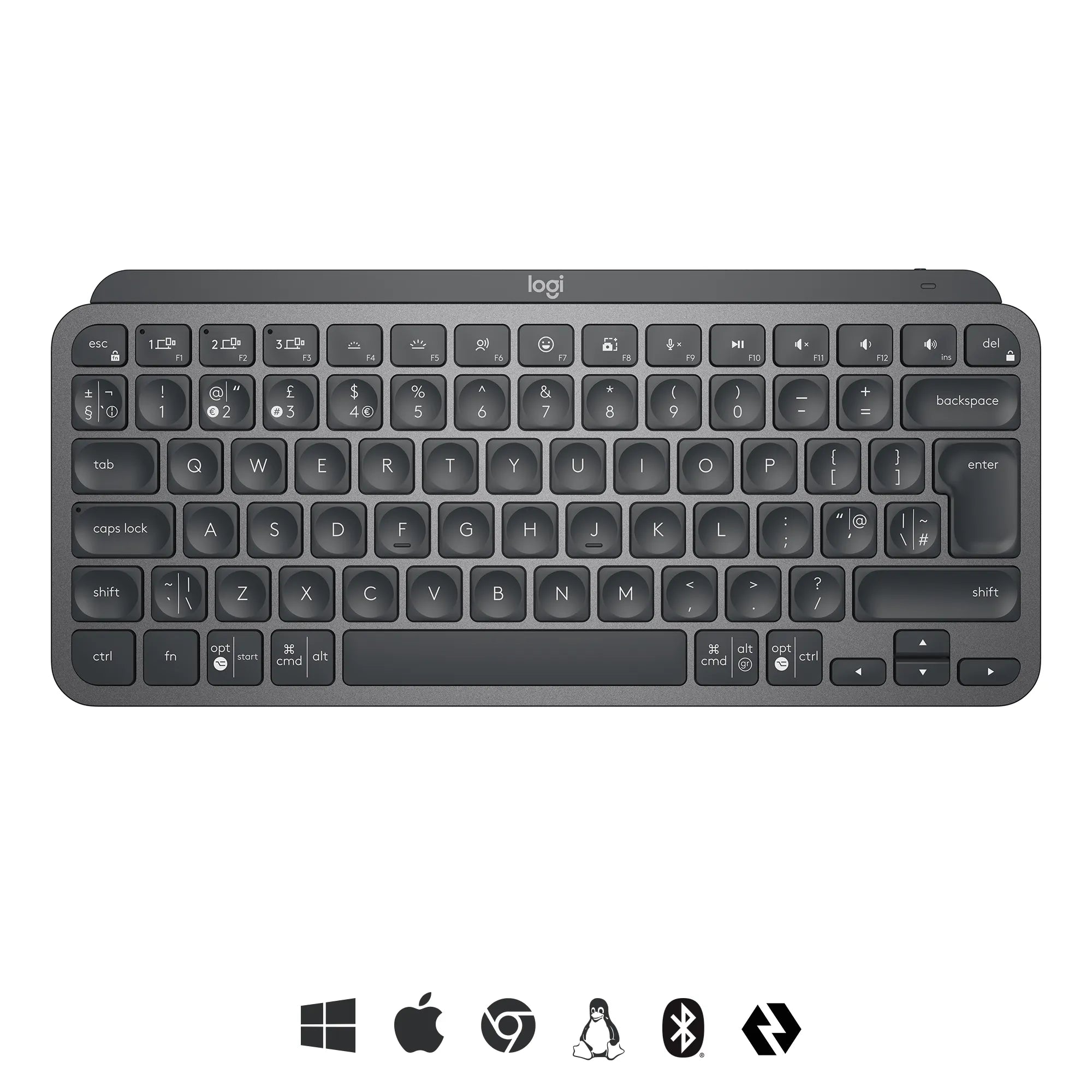 Logitech MX Keys Mini Minimalist Wireless Illuminated Keyboard, Mini, RF Wireless + Bluetooth, QWERTY, LED, Graphite