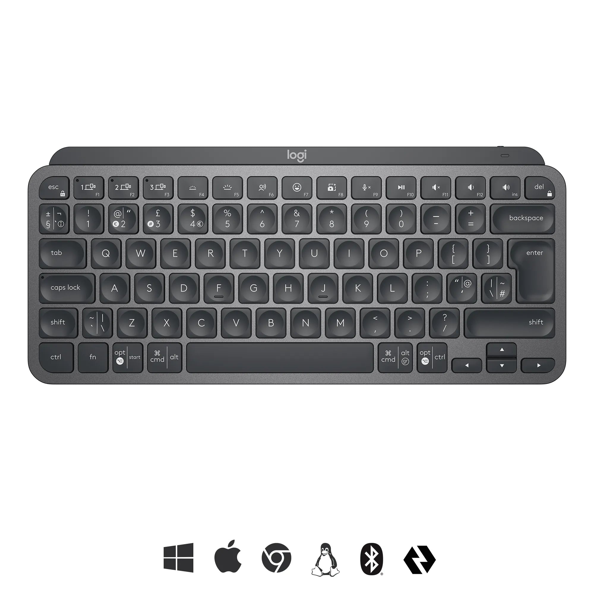 Logitech MX Keys Mini Minimalist Wireless Illuminated Keyboard, Mini, Wireless, RF Wireless + Bluetooth, QWERTY, LED, Graphite