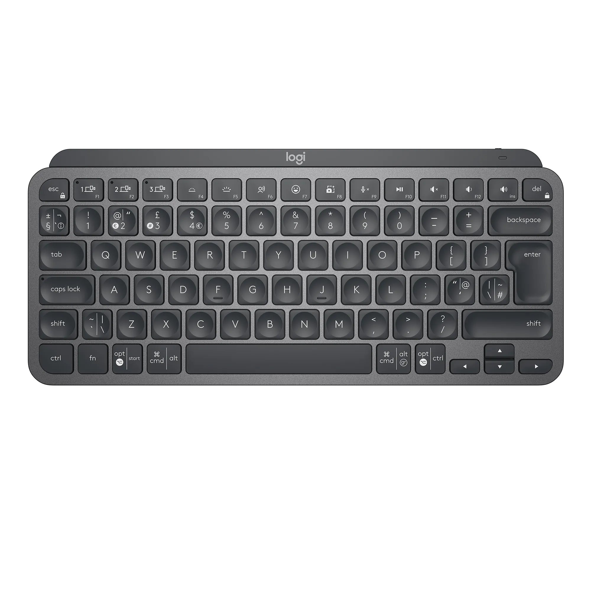 Logitech MX Keys Mini Minimalist Wireless Illuminated Keyboard, Mini, Wireless, RF Wireless + Bluetooth, QWERTY, LED, Graphite