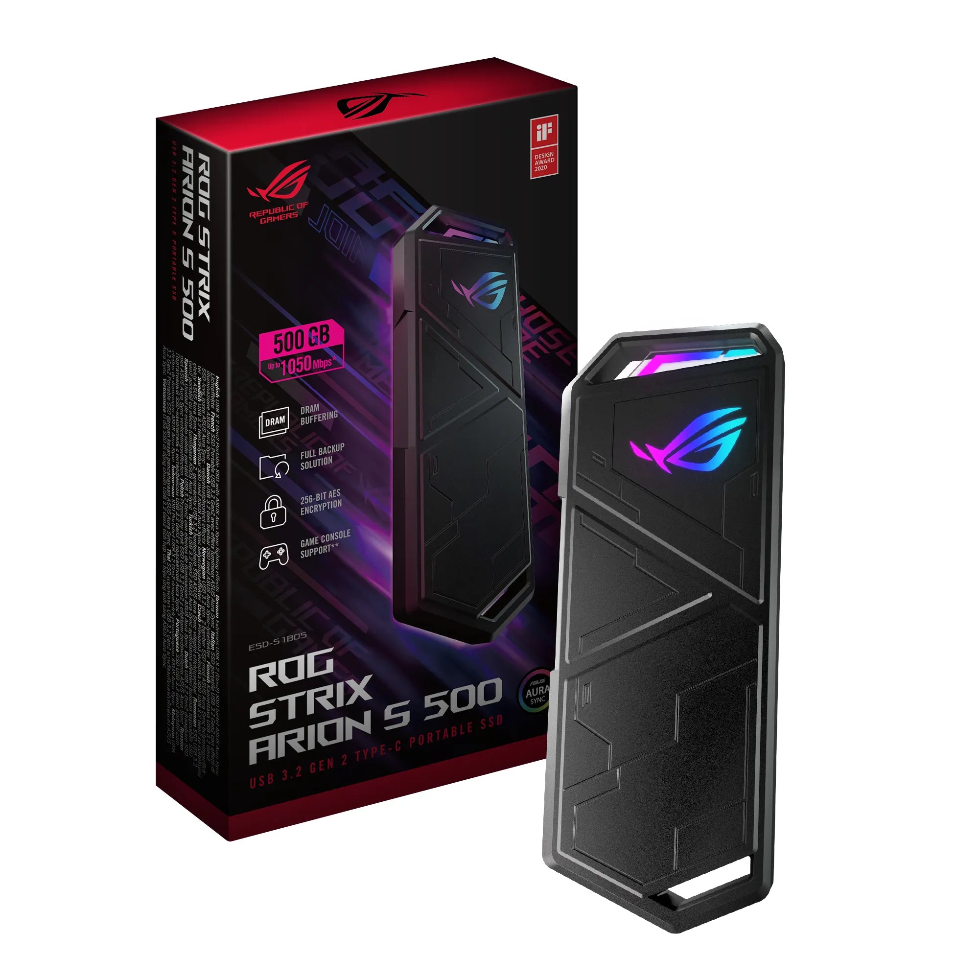 ASUS ROG Strix Arion S500, 500 GB, USB Type-C, 3.2 Gen 2 (3.1 Gen 2), 1050 MB/s, 10 Gbit/s, Black