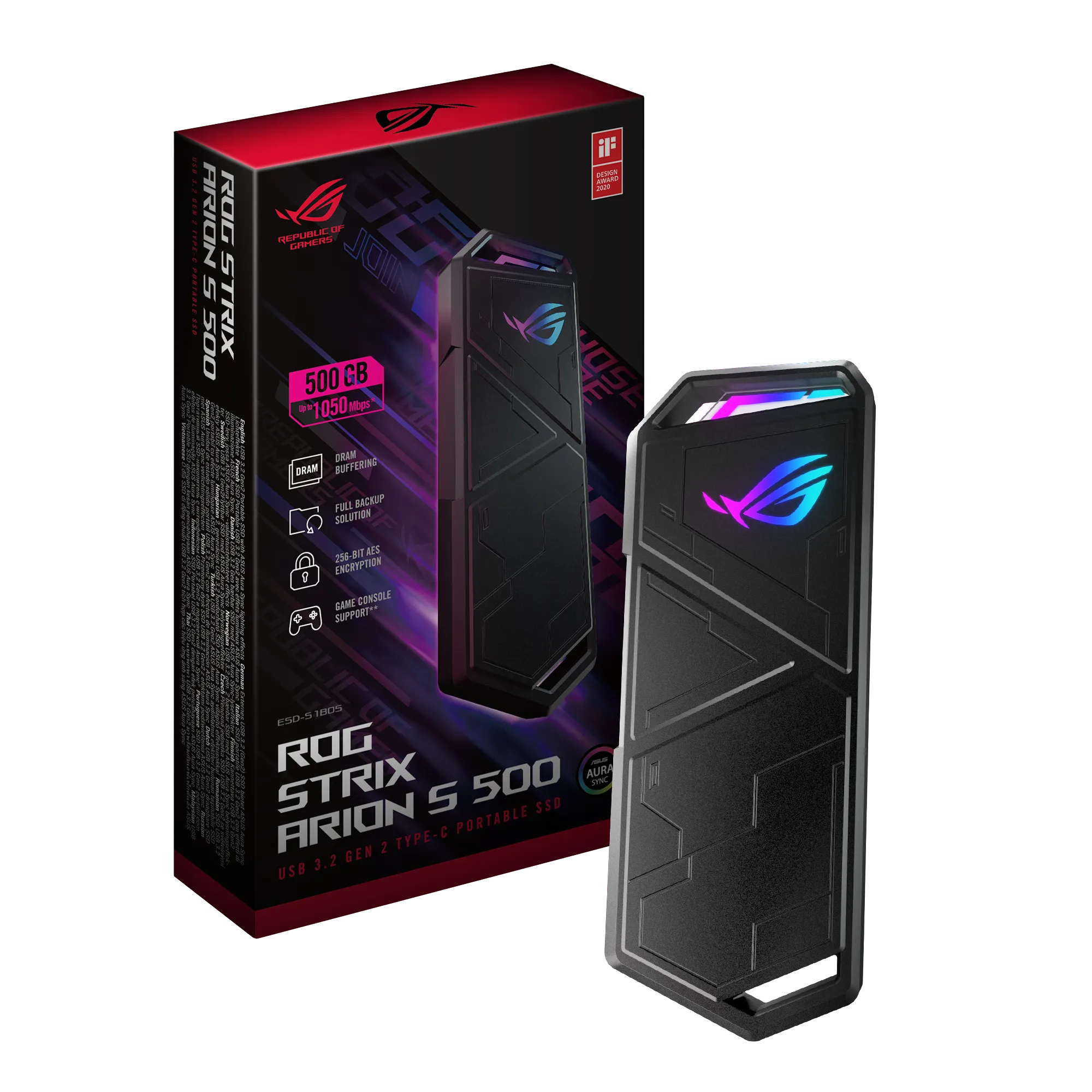 ASUS ROG Strix Arion S500, 500 GB, USB Type-C, 3.2 Gen 2 (3.1 Gen 2), 1050 MB/s, 10 Gbit/s, Black