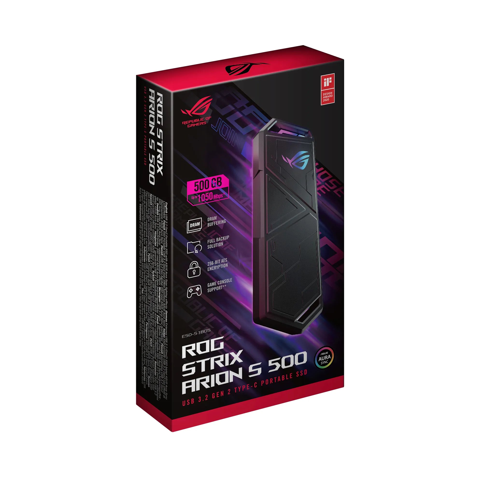 ASUS ROG Strix Arion S500, 500 GB, USB Type-C, 3.2 Gen 2 (3.1 Gen 2), 1050 MB/s, 10 Gbit/s, Black