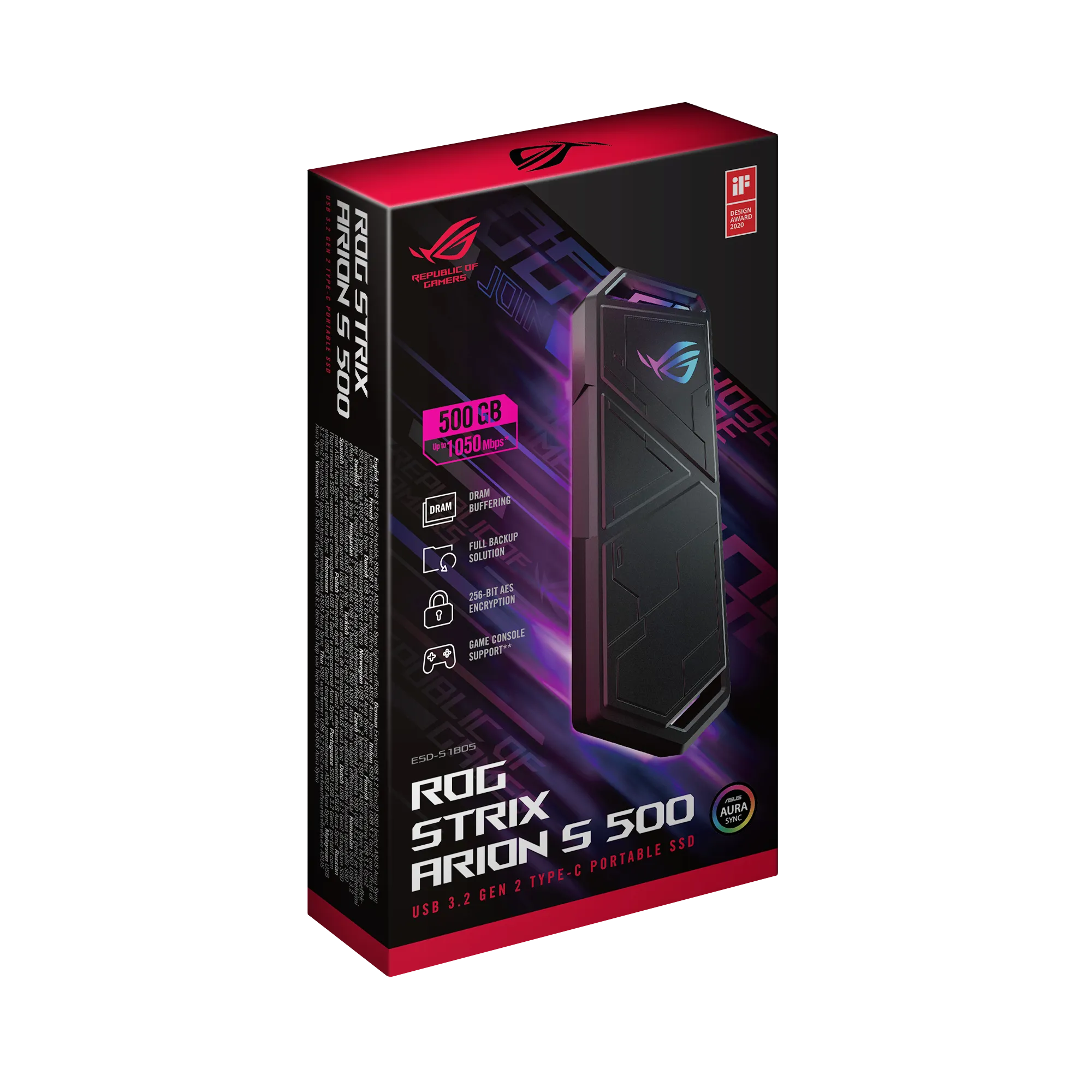 ASUS ROG Strix Arion S500, 500 GB, USB Type-C, 3.2 Gen 2 (3.1 Gen 2), 1050 MB/s, 10 Gbit/s, Black