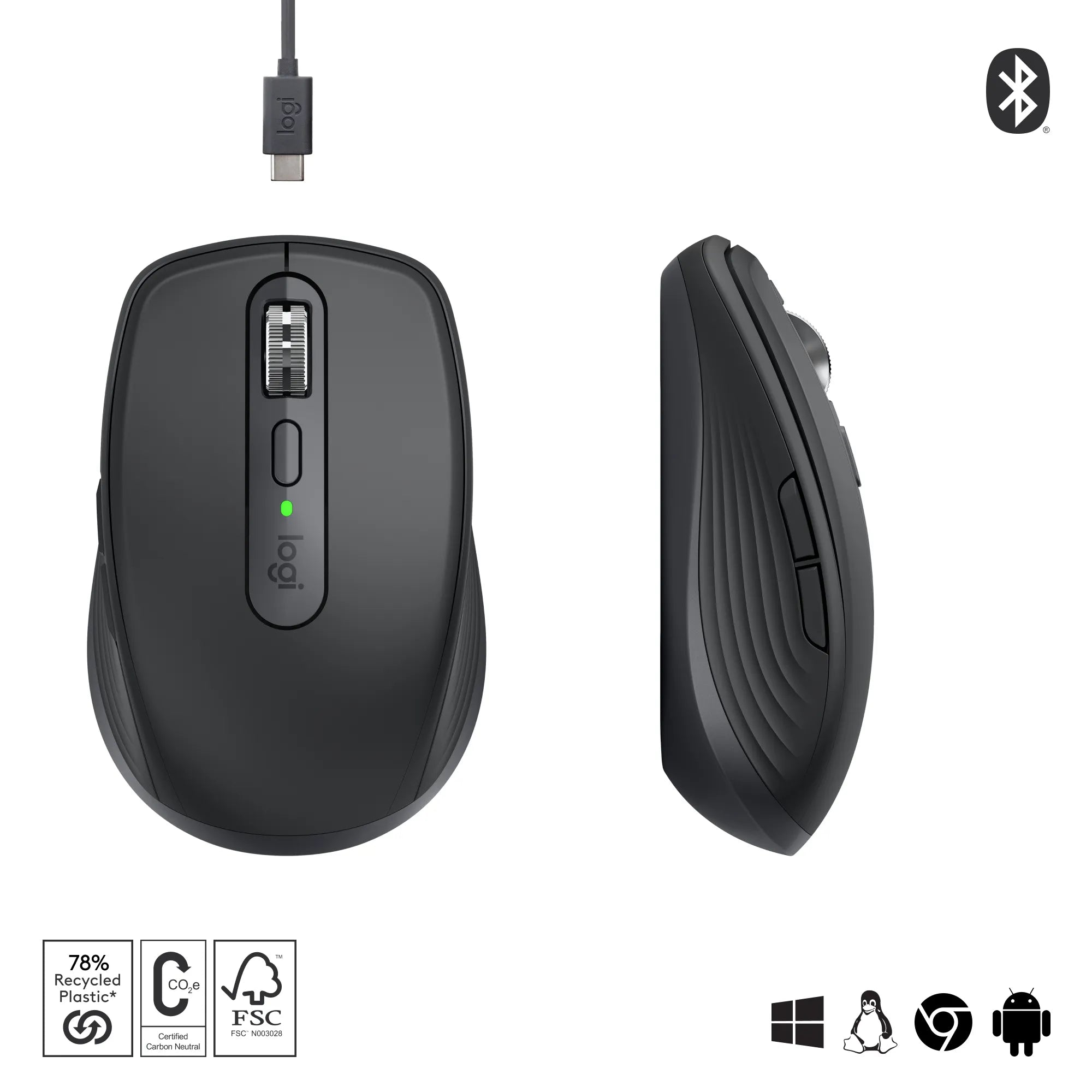 Logitech MX Anywhere 3S, Right-hand, Laser, RF Wireless + Bluetooth, 8000 DPI, Graphite