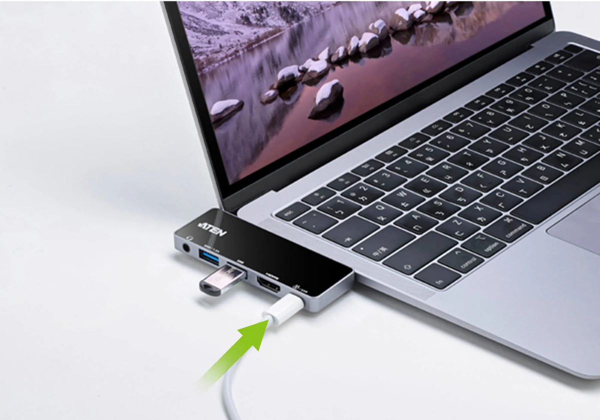 ATEN Dock; USB-C 5-in-1 Travel Dock with Power Pass-Through - 1 x audio port; 2 x USB Type-A ports; 1 x HDMI; 1 x USB-C