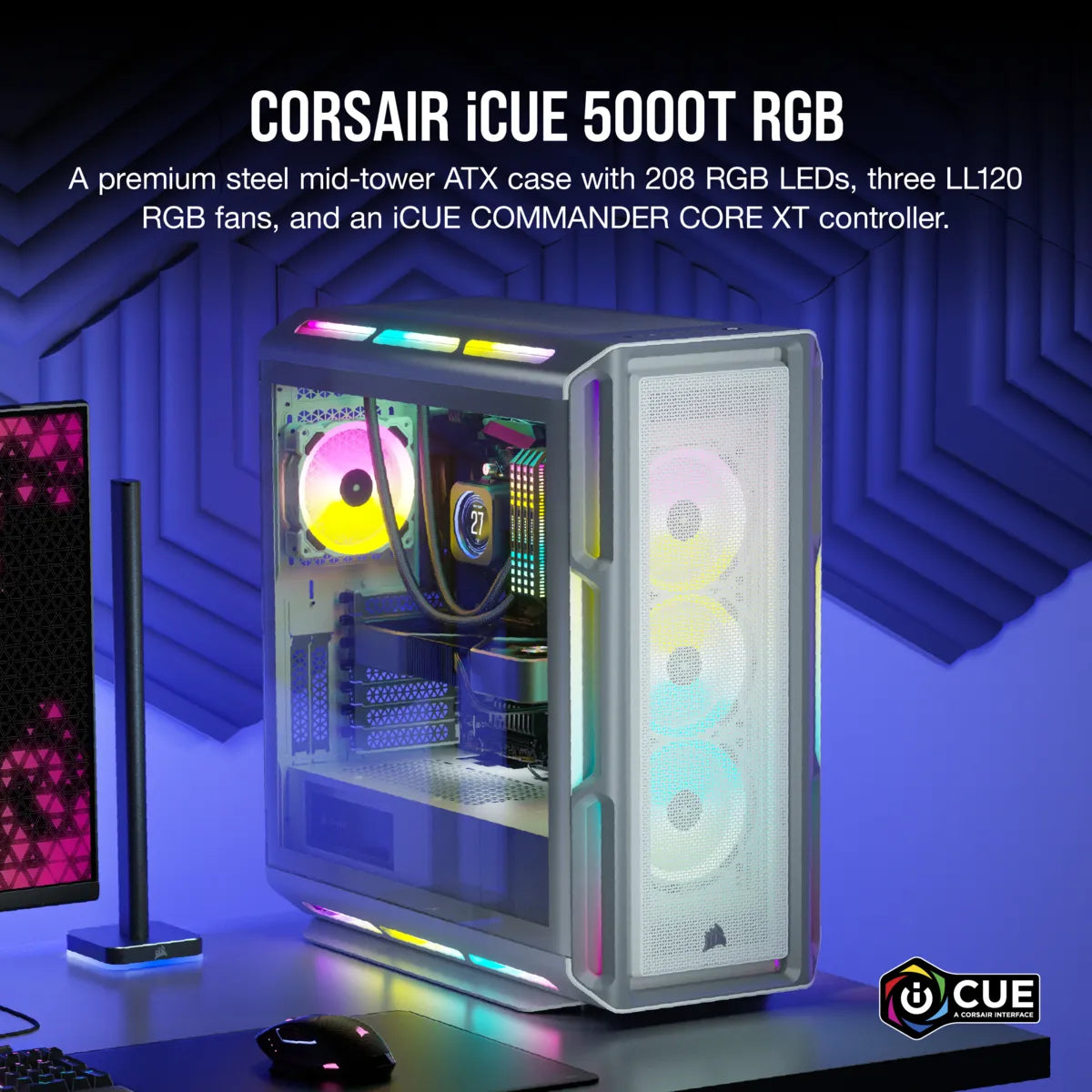 Corsair iCUE 5000T RGB, Midi Tower, PC, White, ATX, EATX, micro ATX, Gaming, Multi