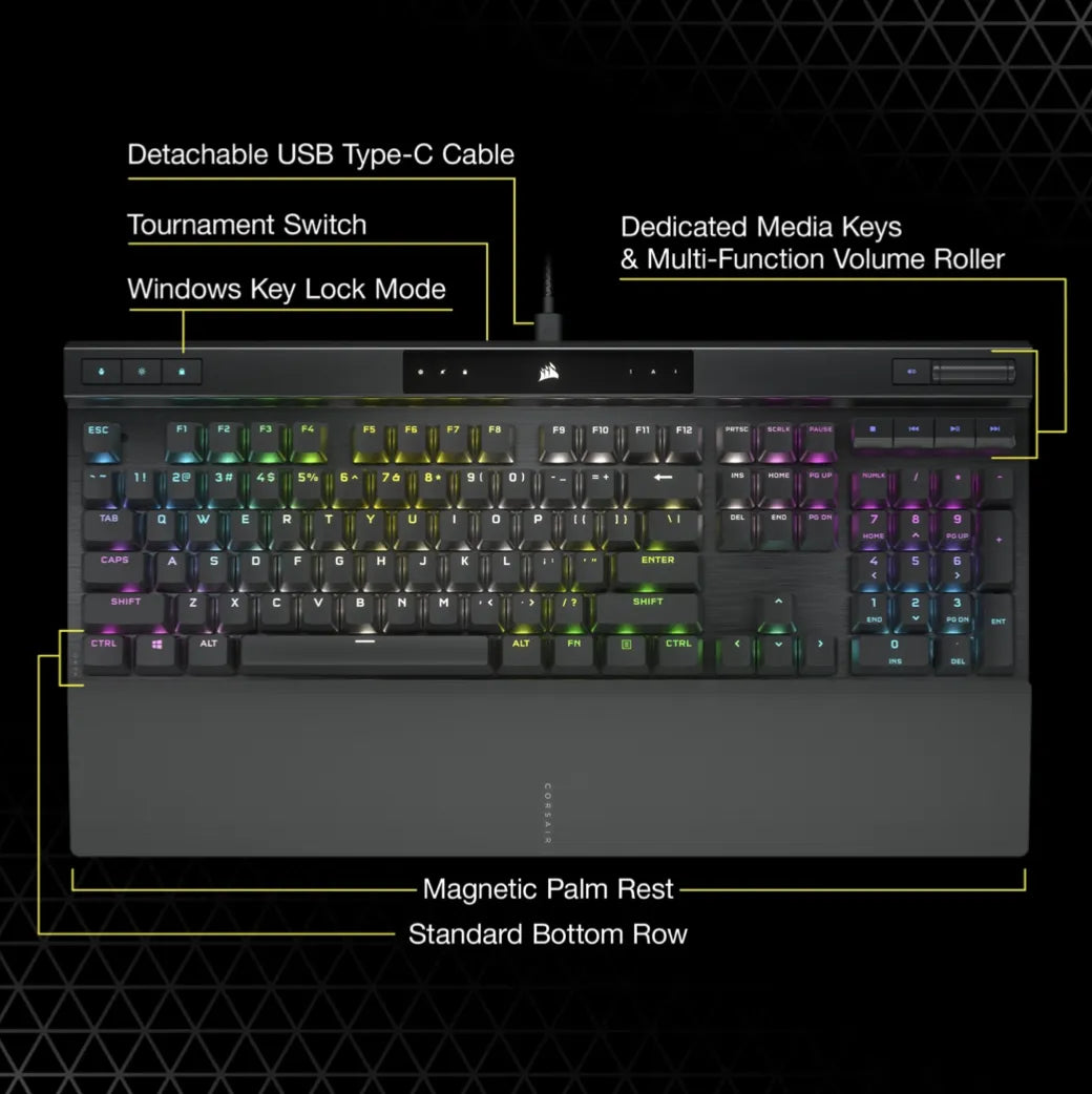 Corsair K70 RGB PRO, Full-size (100%), USB, Mechanical, QWERTY, RGB LED, Black