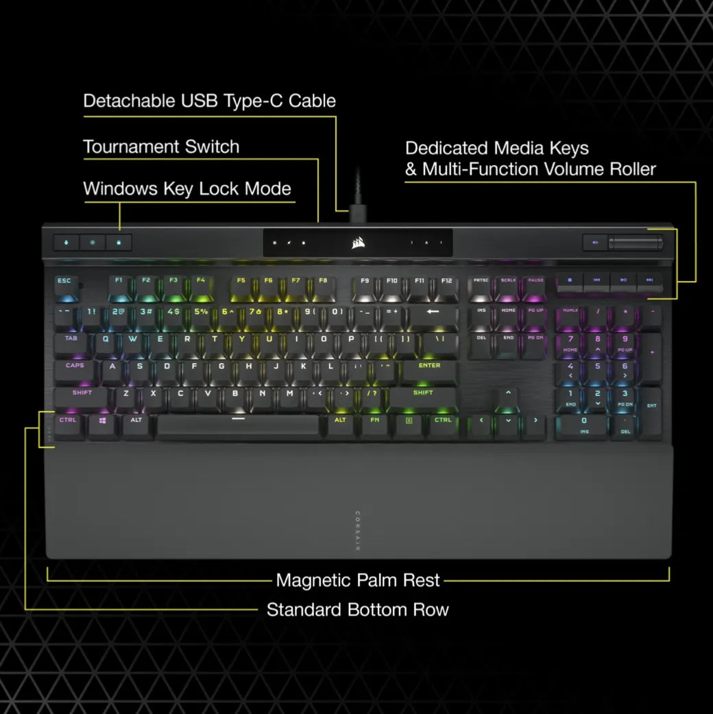 Corsair K70 RGB PRO, Wired, USB, Mechanical, QWERTY, RGB LED, Black
